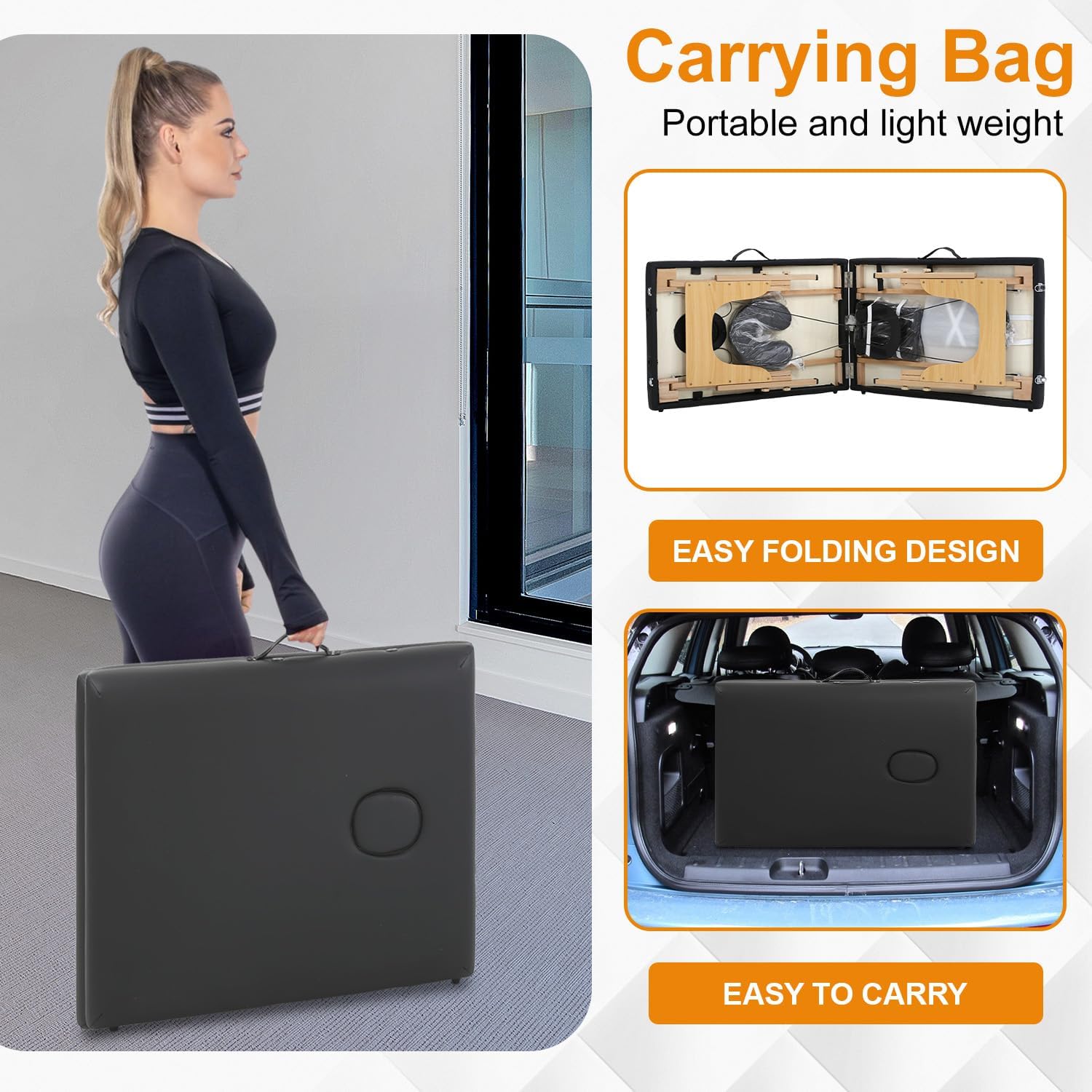 Massage Table Lash Bed 2-Fold Massage Bed Massage Tables Portable Tattoo Table Tattoo Bed with Face Hole, Extra Bag, Swing-Out Hand Tray and Armrests, Black