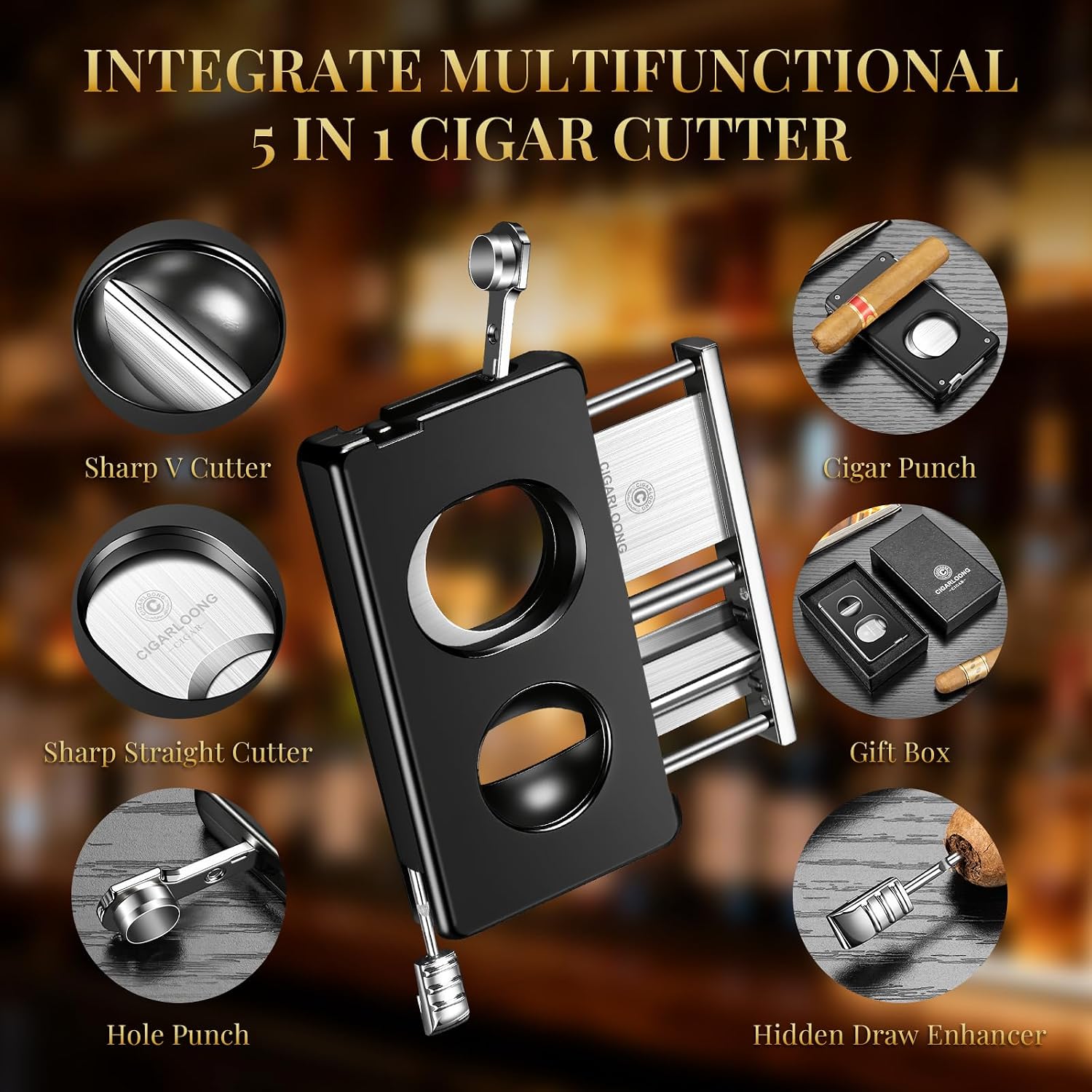 Cigar Cutter V-Cut 5-in-1 Multifunctional, Stainless Steel Blade Sharp Cigar Guillotine with V Cut & Straight Cut & Cigar Punch & Cigar Holder & Hidden Draw Enhancer, Cigar Gift for Men (Gold)