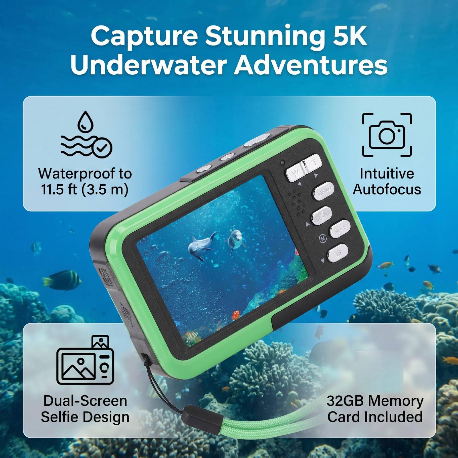 Fotocamera Subacquea, Video 5K Foto da 48 MP Selfie Fotocamera per Snorkeling Impermeabile a Doppio Schermo, Videocamera Subacquea con Custodia per Scheda da 32 GB per Snorkeling Immersioni