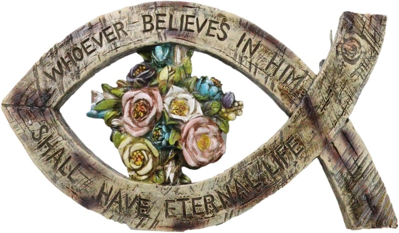 Ebros Gift Rustic Faux Wood Whoever Believes in Him Shall Have Eternal Life Quote On Jesus Fish Ichthys and Floral Roses Arrangement Wall Decorative Plaque Figurine