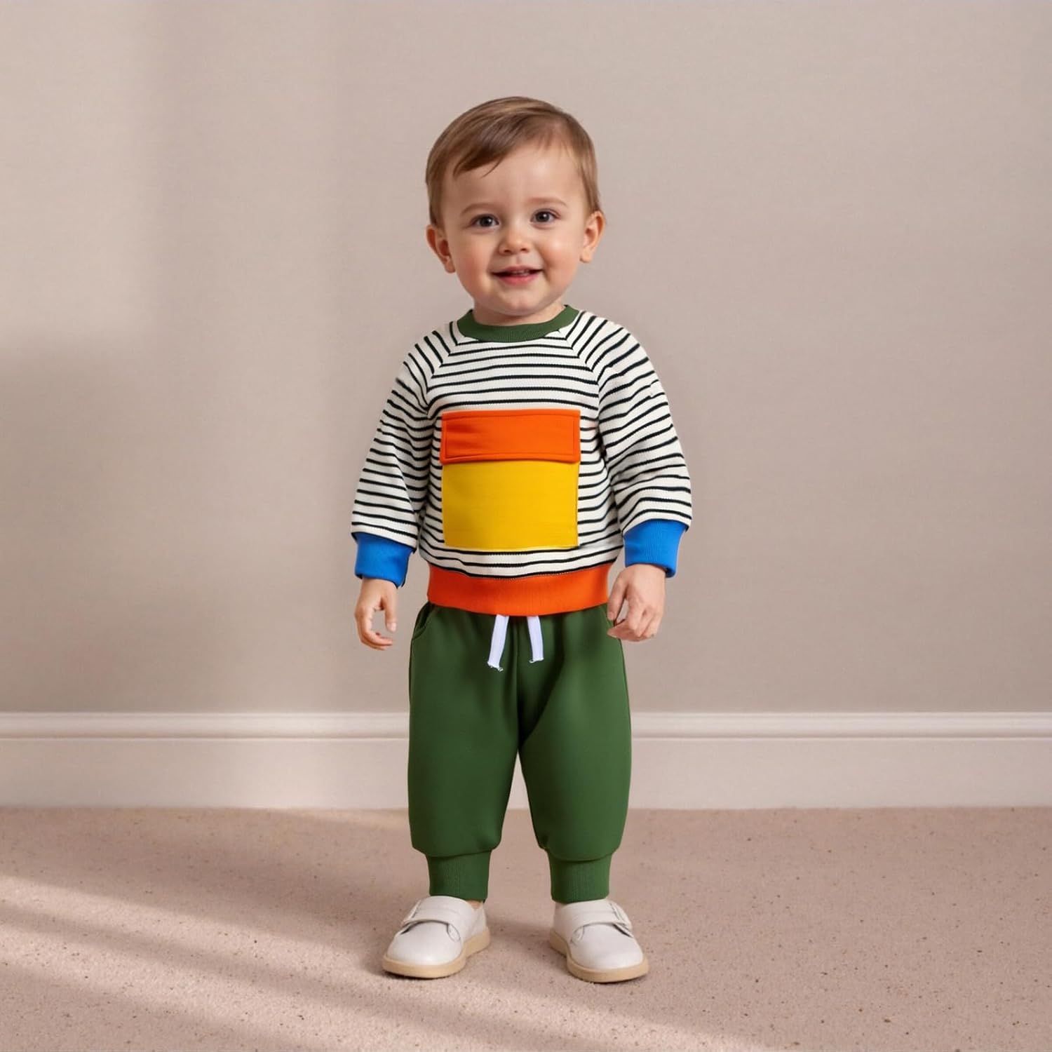 Toddler Baby Boy Outfit Fashion Colorful Patchwork Striped Shirt Sweatshirts Pant Fall Clothes 6M 12M 18M 2T 3T 4T Green 2-3T image 2 of 7 B0FKSRZBNC