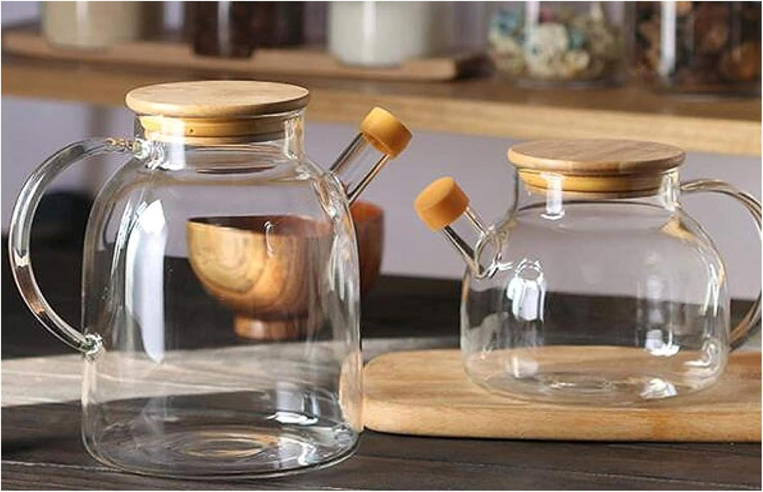 Dispenser Oil and Vinegar Dispenser, Glass Bottle Leak-Proof Oil Bottle Transparent,Wooden Cover Bottles (One Color-1800ml