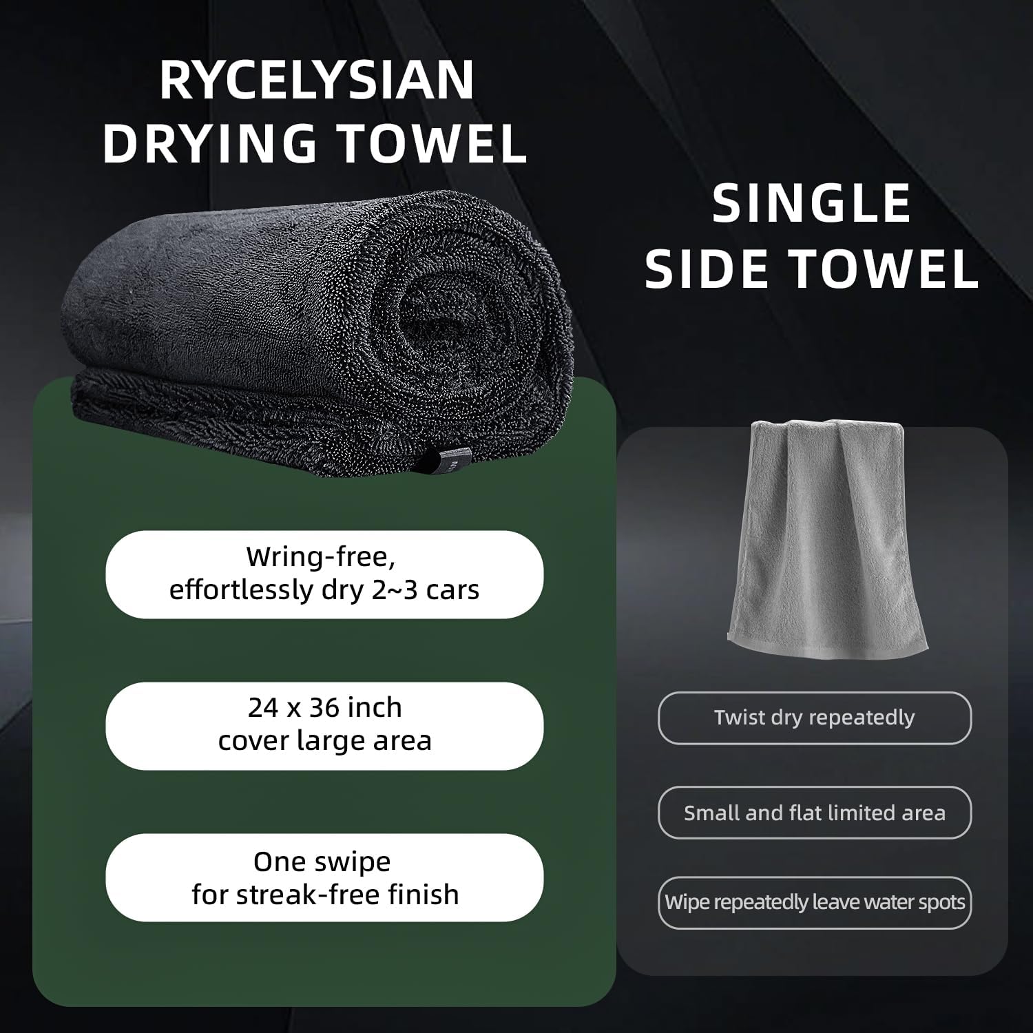 2-Pack 24" x 36" 11.8" x 11.8" Twisted-Loop Car Drying Towel 1500GSM Microfiber Cleaning Cloth for Car Trucks Motorcycles Streak Free Lint Free Ultra Absorbent Washing Cloth for Kitchen Window (Grey)