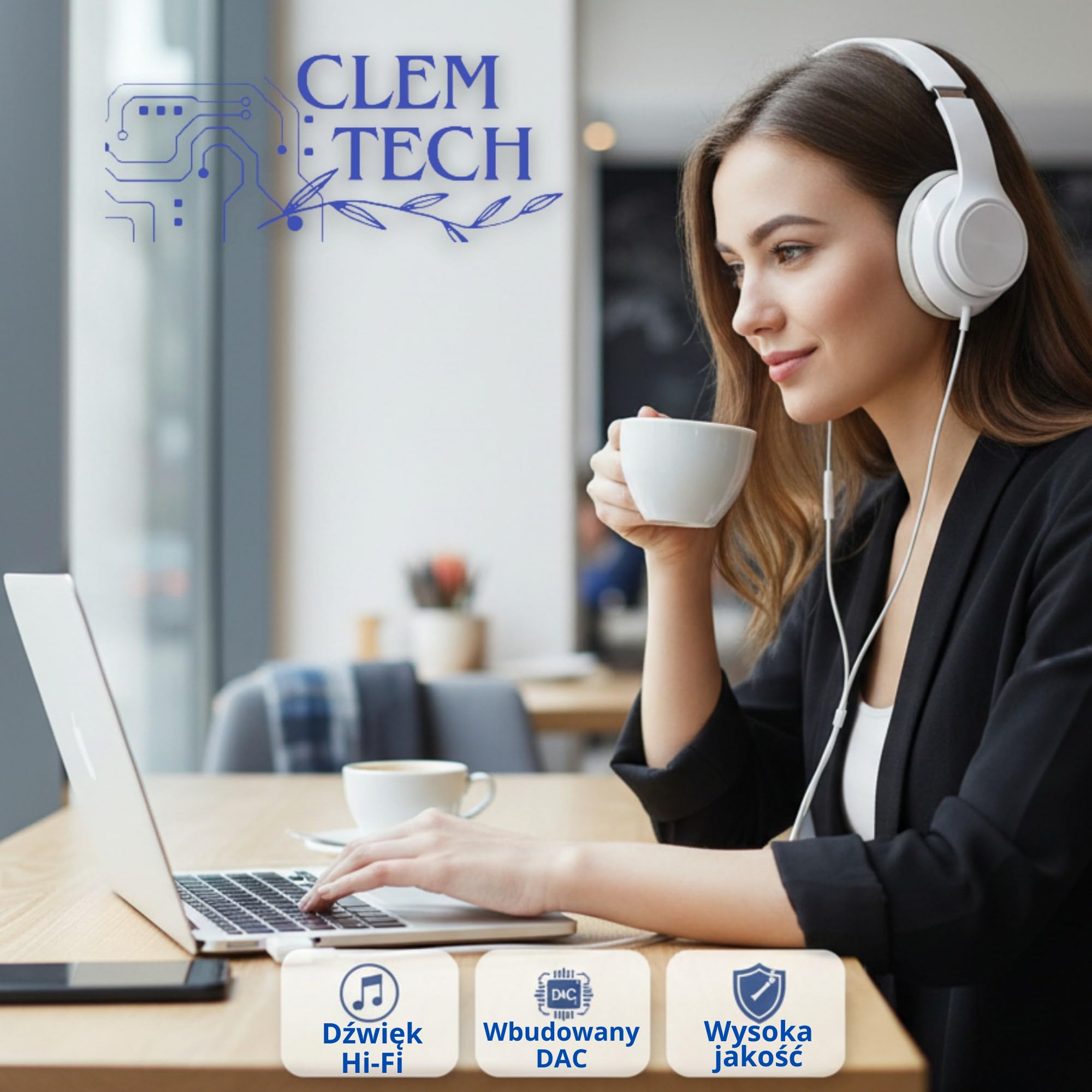 CLEM Tech - Adapter USB-C na Jack 3.5mm z Przetwornikiem DAC Hi-Fi - Przejściówka Audio do Słuchawek, Plug & Play, iPhone 15/16, Samsung Galaxy, iPad, MacBook, Xiaomi - Biały