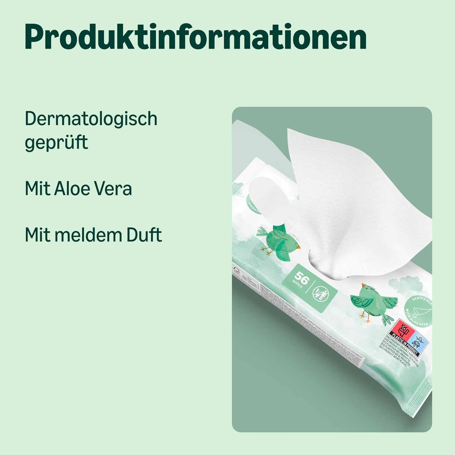 Nahaufnahme der by Amazon Sensitive Baby-Feuchttücher, die ihre feuchte Textur und praktische Einzelentnahme zeigen.