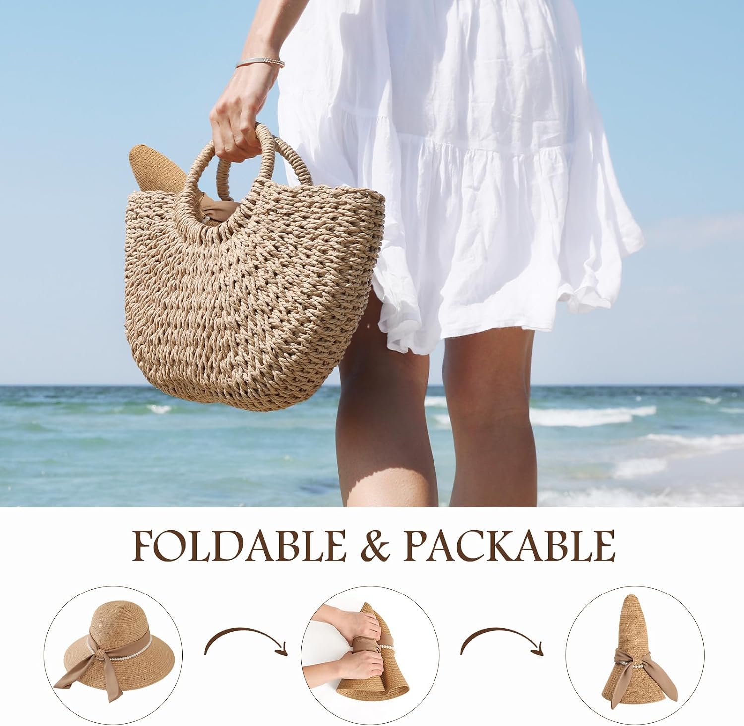 Trifabricy Beach Sun Straw Hats for Women, Wide Brim Womens Sun Hat UPF UV Protection, Foldable Packable Summer Hats Roll Up thumbnail