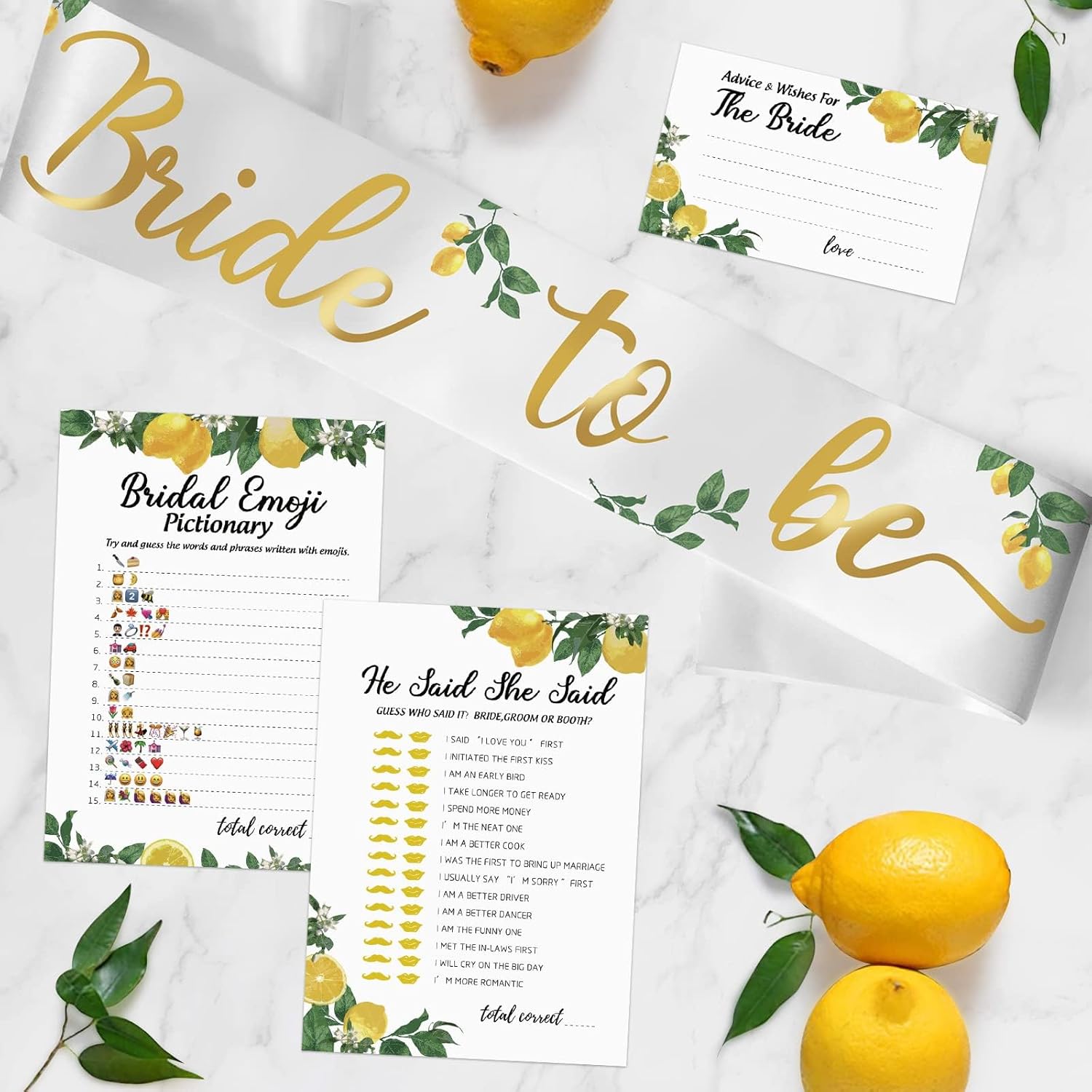 Lemon Bridal Shower Game with Bride to Be Sash-Set of 6 Activities Lemonade Bridal Shower Bachelorette Before Wedding for 50 Guests- 300 Cards 50 Per Game