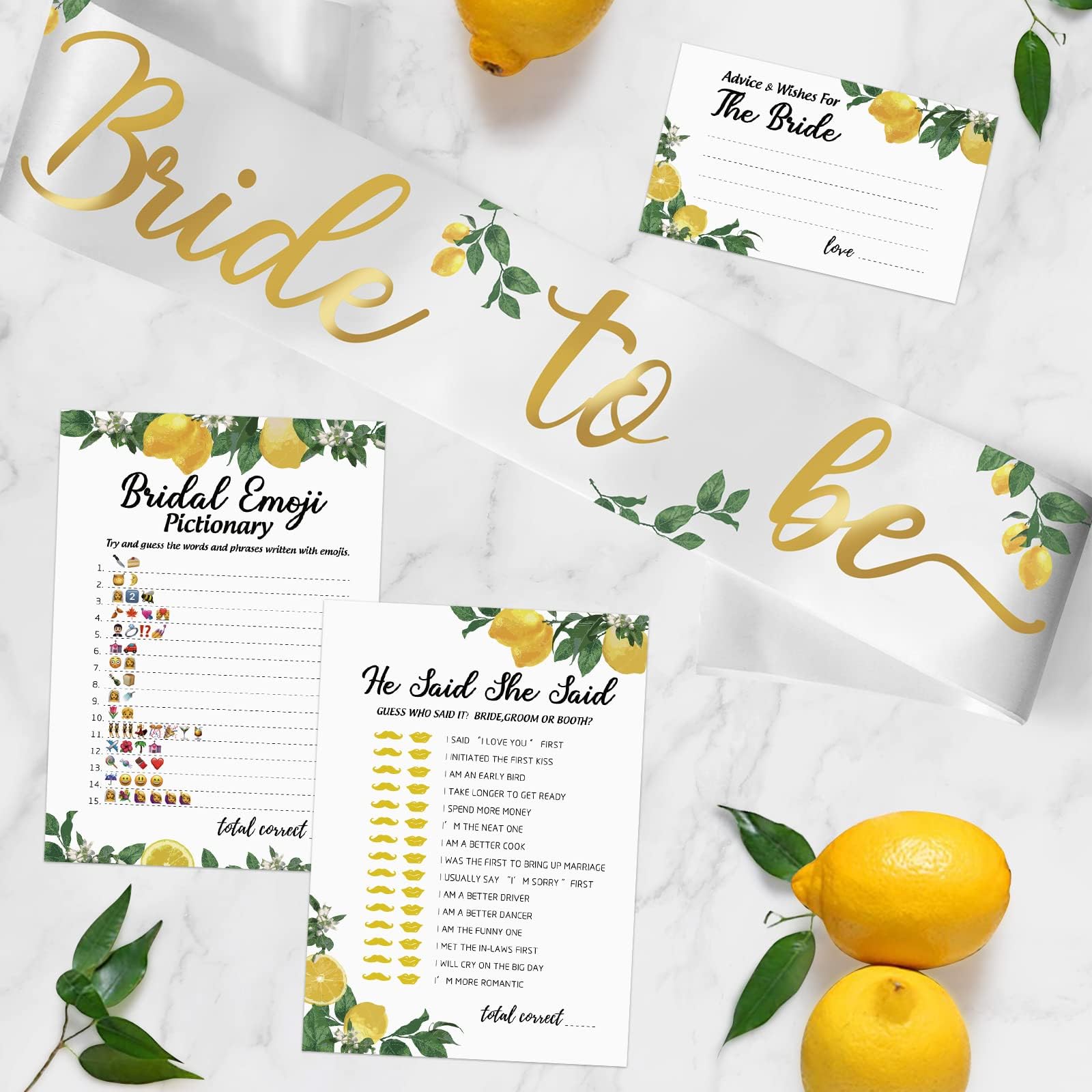 Cytryna ślubna gra prysznicowa z szarfą 'Bride to Be' - zestaw 6 aktywności lemoniada prysznic panieński wieczór panieński przed zabawą weselną dla 50 gości - łącznie 300 kart, 50 na grę