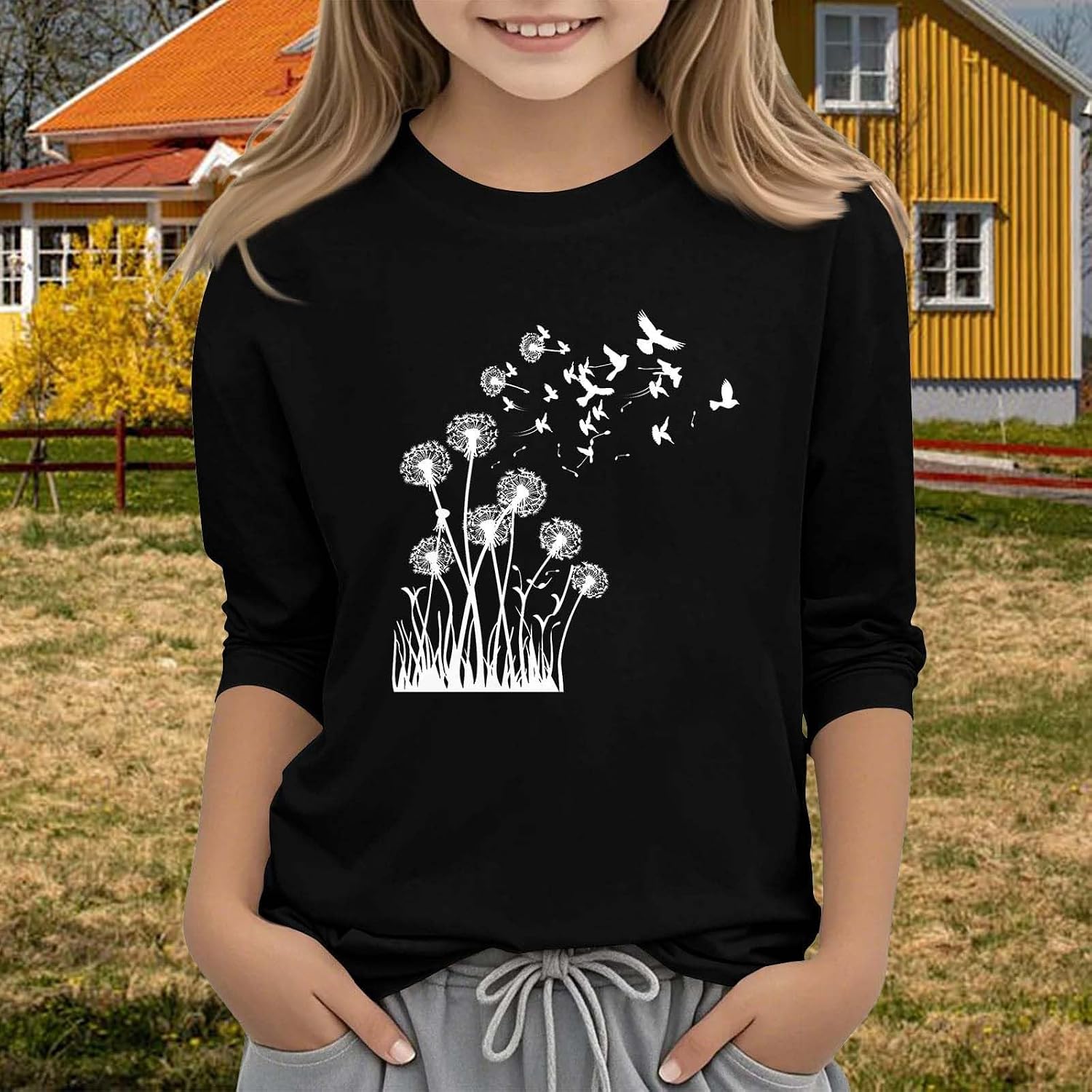 Girls Casual T Shirt 3/4 Sleeve Crew Neck Cute Graphic Tops Summer Soft Loose Breathable Basic T Shirts Teen