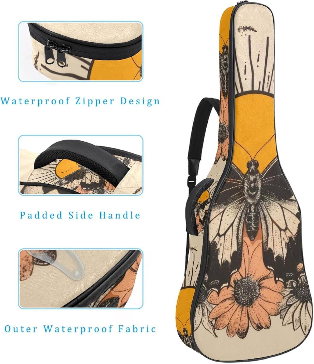 Acoustic Guitar Bag 0.4 Inch Thick Padding Waterproof Guitar Case Gig Bag for 40 41 42 Inch Electric Bass Classical Guitar, Vintage Butterfly with Sun Flowers