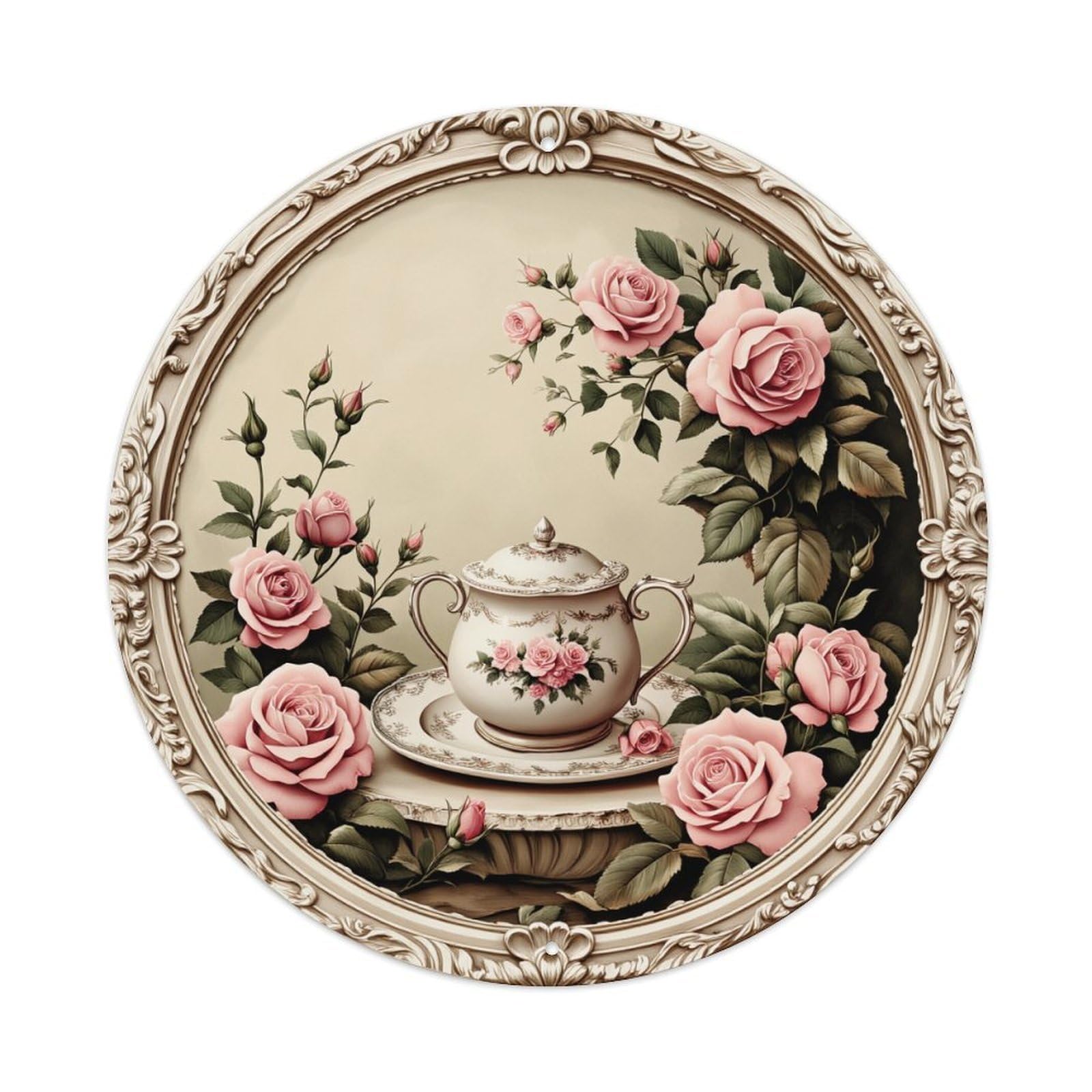 Rose Tea Pot Floral Round Tin Sign Retro Metal Sign for Cafe Bar Pub Home Game Room Gym Club Wall Decoration Vintage Metal Poster 8x8 Inch