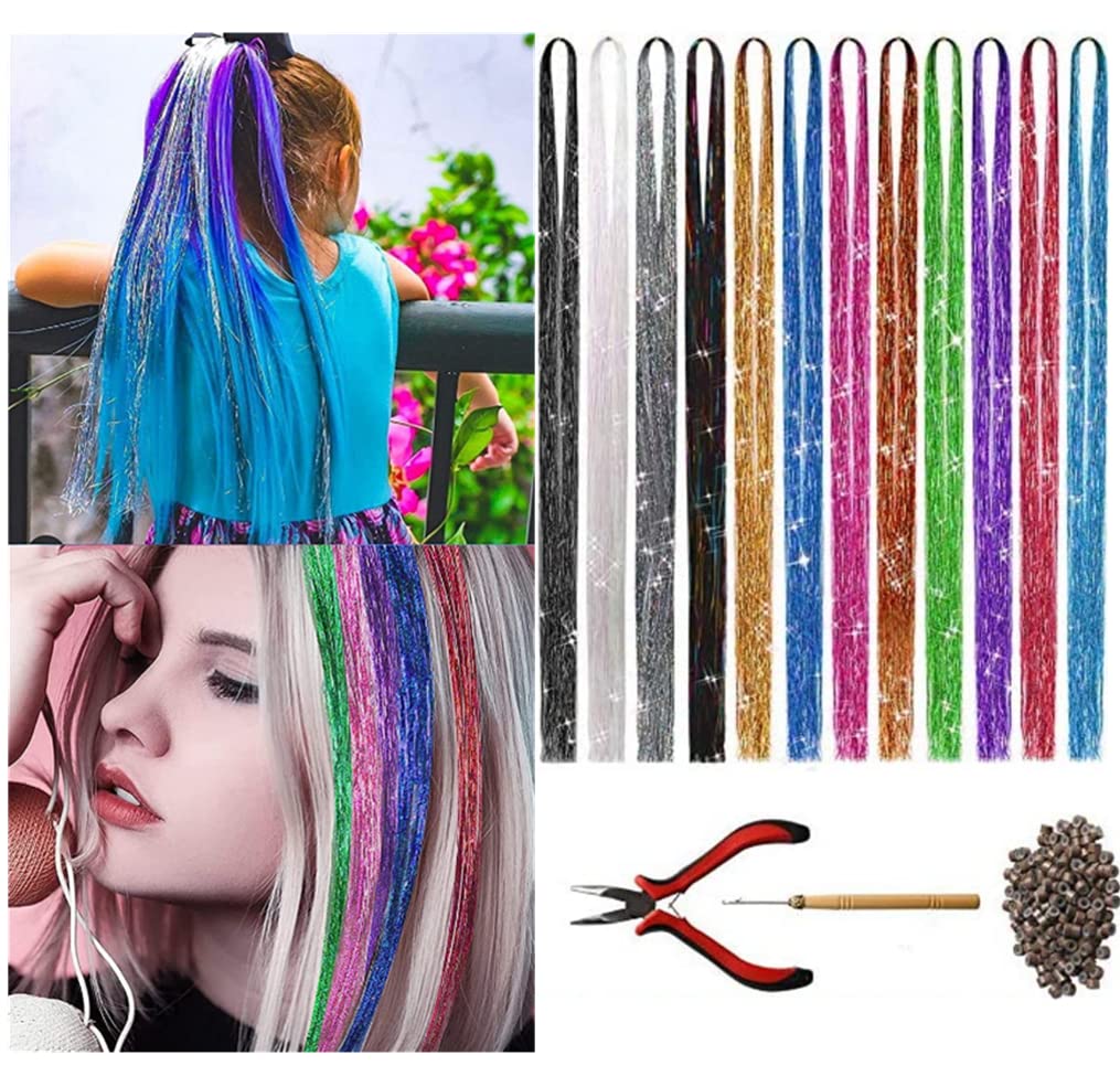 Goodern 47" Party Hair Tinsel Shining Hair Extension Tinsel with Tool Hair Extension Tinsel Kit Glitter Hair Extensions for Women Girls Hair Accessories for Christmas New Year Halloween Cosplay Party