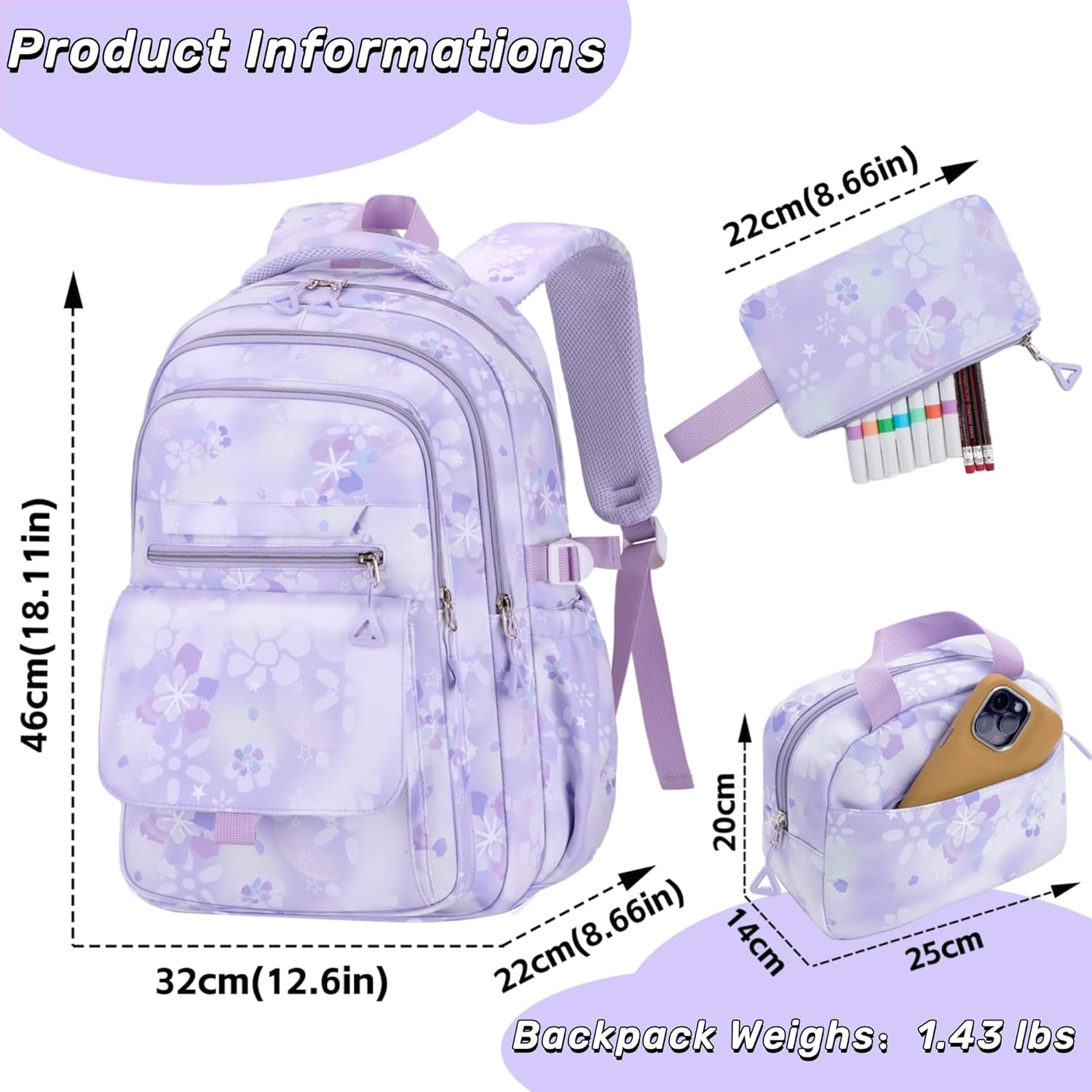 Kids Backpack for Girls Flower schoolbag with Lunch Bag & Pen Case Waterproof Girl Bookbag for Elementary school(purple) - Image 3