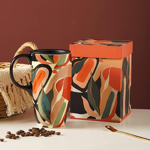 Miniatura 3 de Taza de café de viaje de cerámica con tapa para el hogar y la oficina, 17 oz. Taza de arte abstracto de té alto de porcelana con asa en caja de