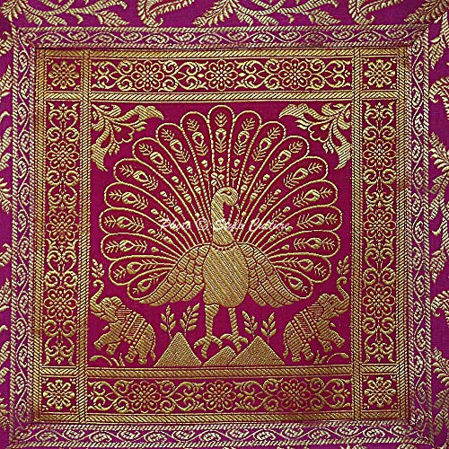 Image of Decorative Brocade Cushion Covers 16 Inch x 16 Inch Banarasi Jacquard Magenta & Gold Living Room Decor Peacock Traditional Square 40x40 cm Zippered Sofa Settee Pillowcases -Set of 5 Pcs