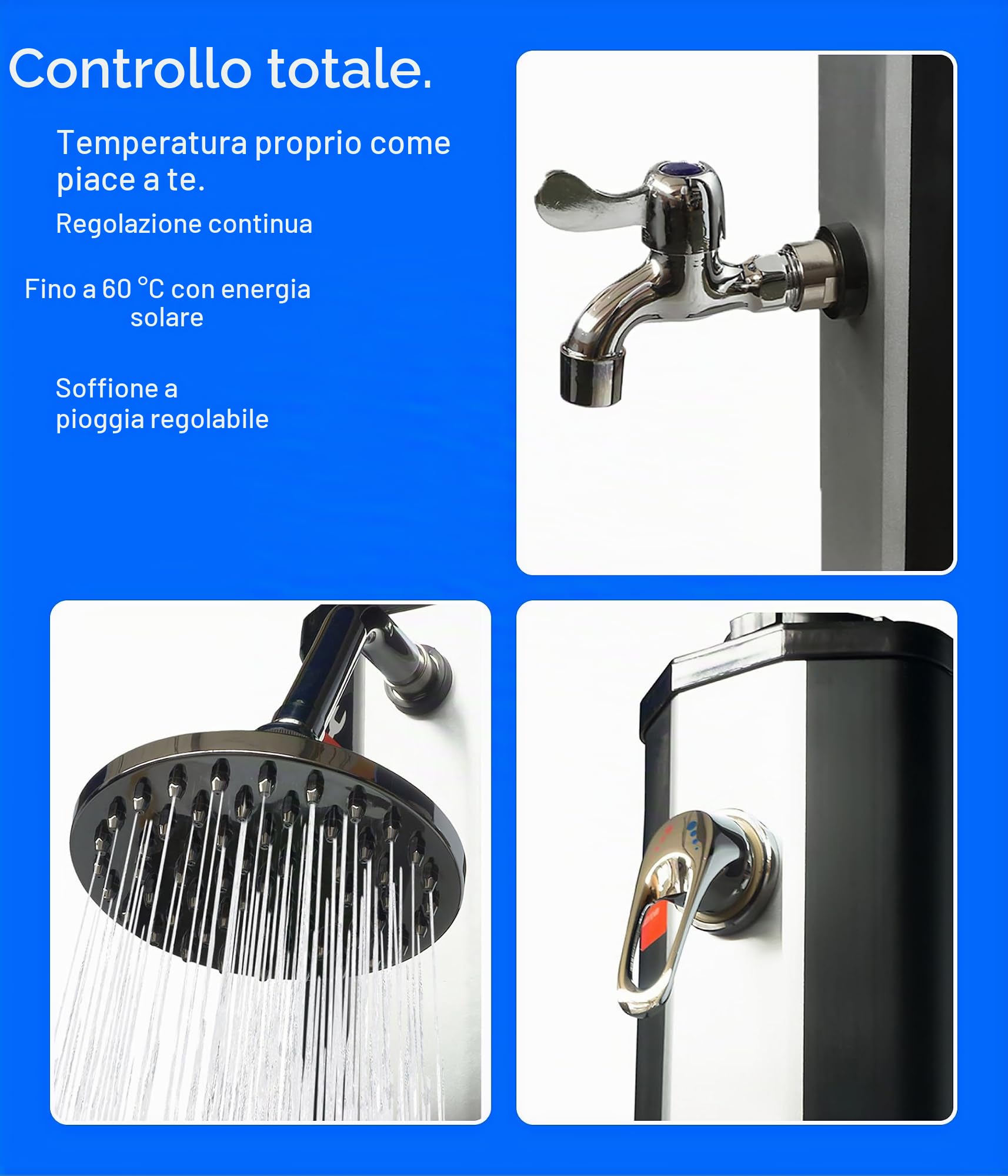 UMBRELLA® Doccia Solare 35 Litri con Lavapiedi – Soffione a Pioggia Orientabile – Doccia Solare da Giardino/Esterno/Piscina Senza Collegamento Elettrico – Attacco per Tubo da Giardino, Fino a 60°C