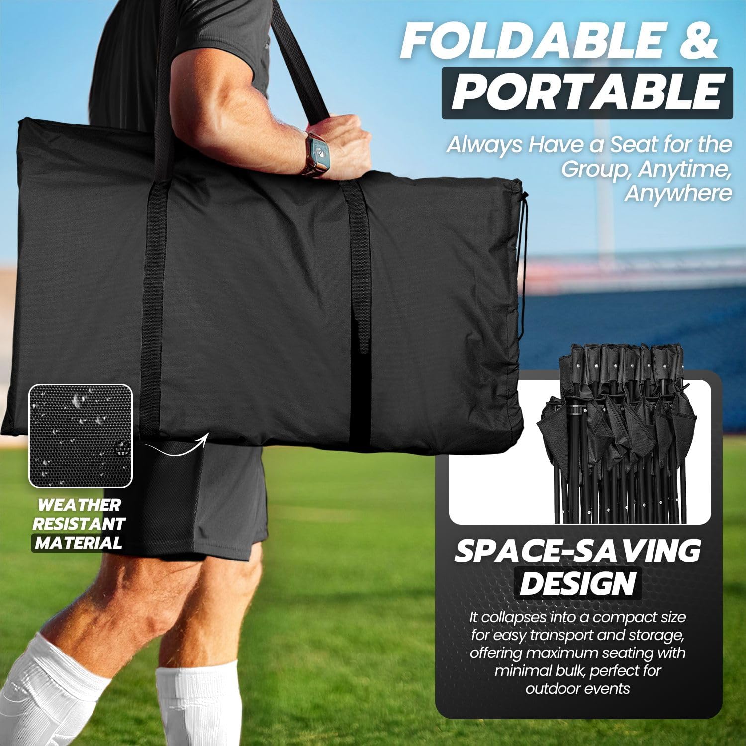 Flexzion Portable Folding Bench Seat, 6 Seater, Collapsible Soccer Bench, Portable Bench Seats for Bleachers, Camping, Sideline, with Back Rest and Carrying Bag, Black
