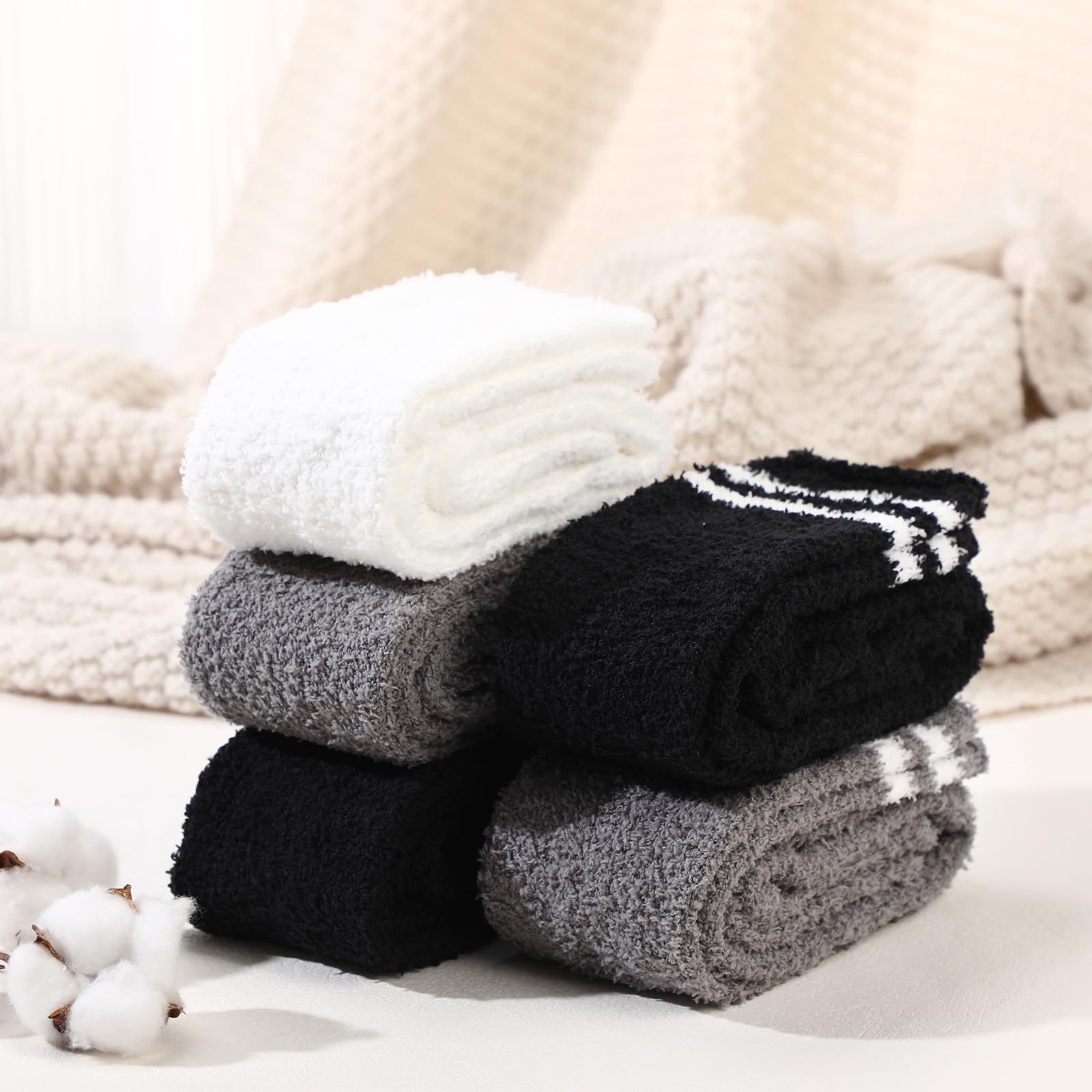 Geyoga 5 pares de calcetines altos hasta el muslo para mujer, calcetines mullidos, cálidos, gruesos, cómodos, suaves, mullidos, acogedores, calcetines de felpa de invierno para mujeres y hombres, ropa