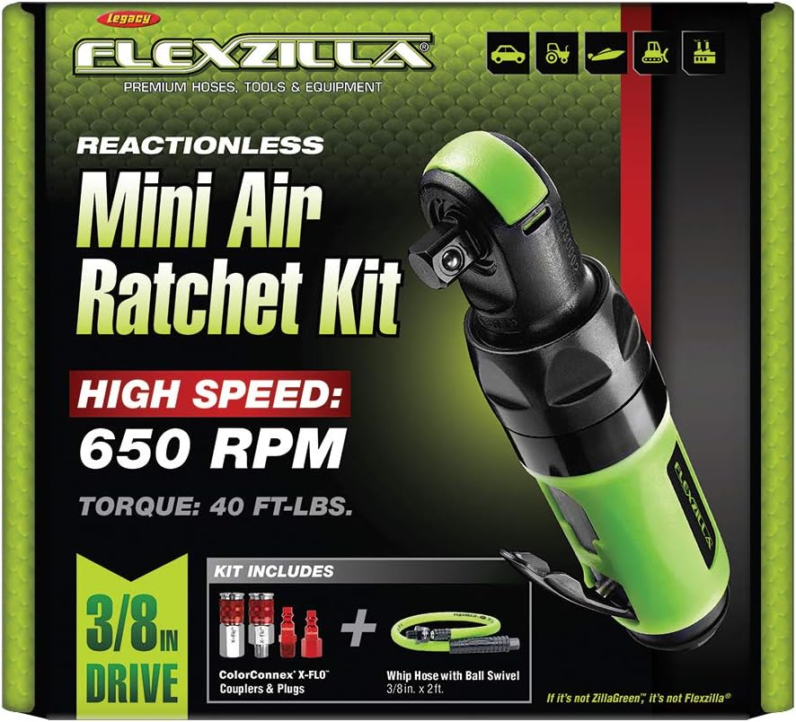 Onе-Dау Sаlе: Uр tо 70% оƒƒ Flexzilla Reactionless Mini Air Ratchet Kit, 3/8 Drive, with Flexzilla Whip Hose, 3/8″ x 2′ and ColorConnex X-Flo Couplers and Plugs, Type D, Red