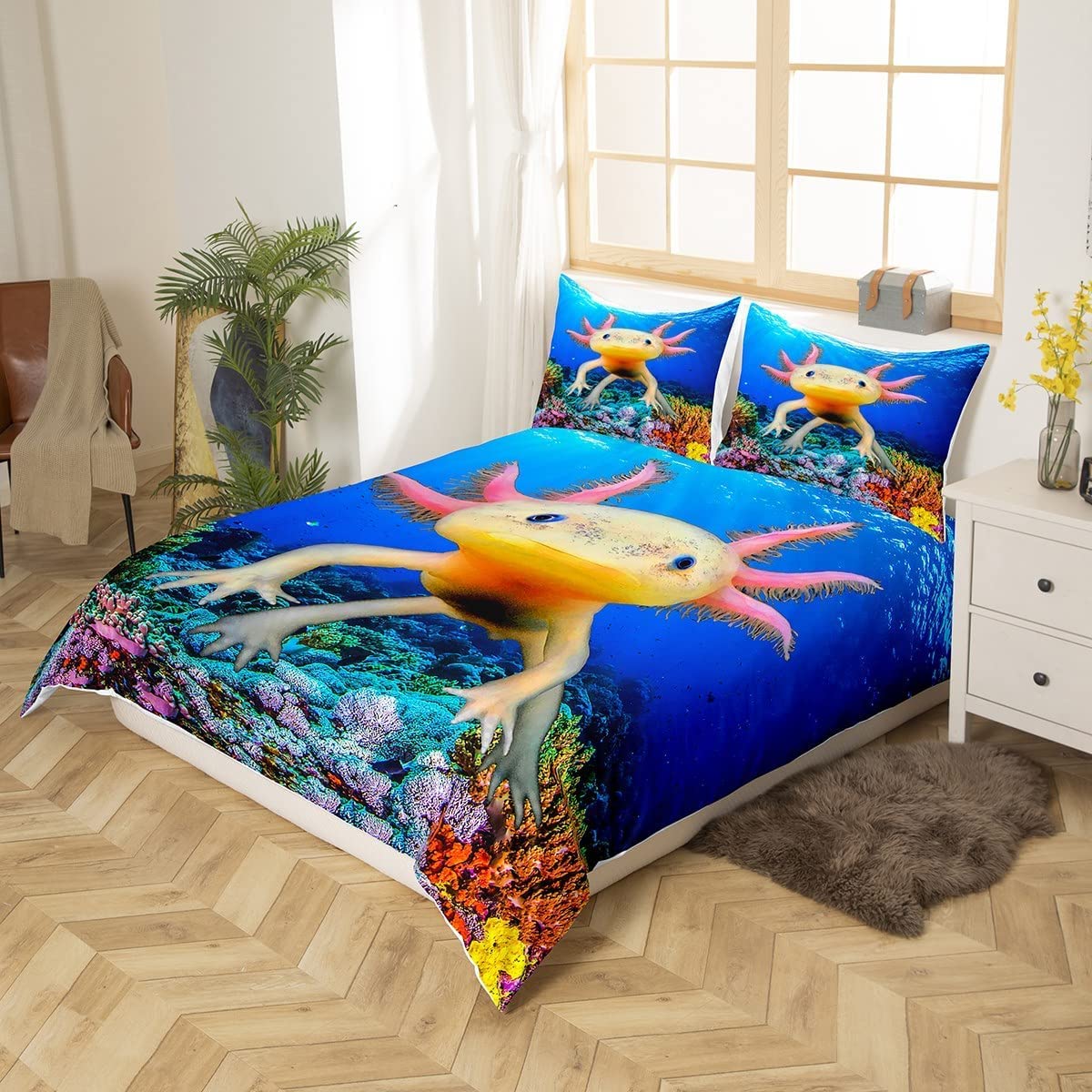 Loussiesd Cartoon Axolotl Duvet Cover Kawaii Axolotl Bedding Set Ocean Sea Comforter Cover for Boys Girls Teens Bedroom Marine life Sealife Bedspread Cover King - Image 2