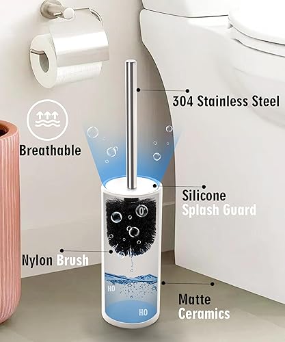 Miniatura 5 de Juego de escobilla y soporte de cerámica blanca mate, cepillo limpiador de inodoro, cepillo de limpieza independiente para inodoro, accesorios de