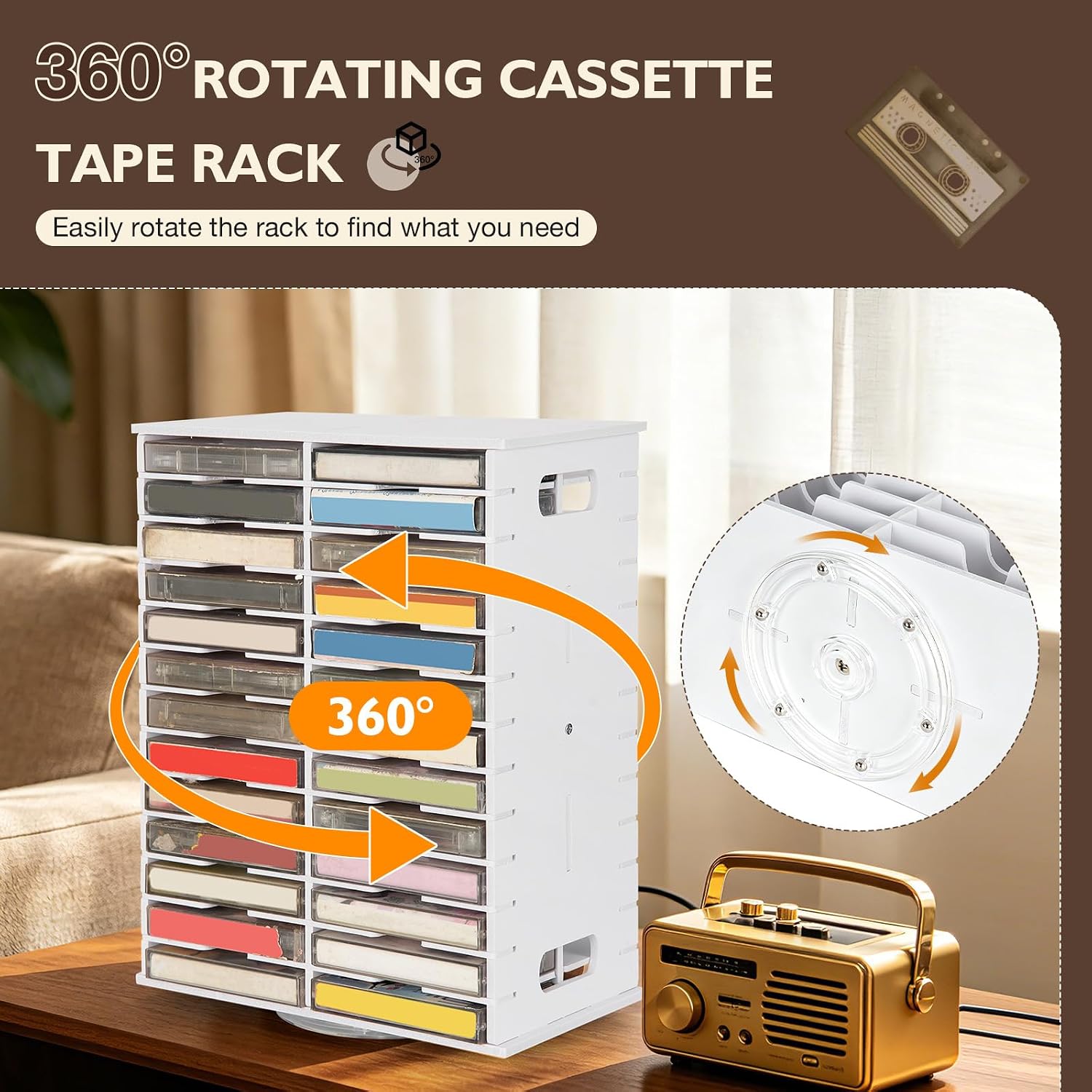 Rotating Cassette Tape Storage Holder, 52 Slot Cassettes Organizer Rack, Audio Cassette Tape Display Shelf, Ideal Gift for Cassettes Collectors