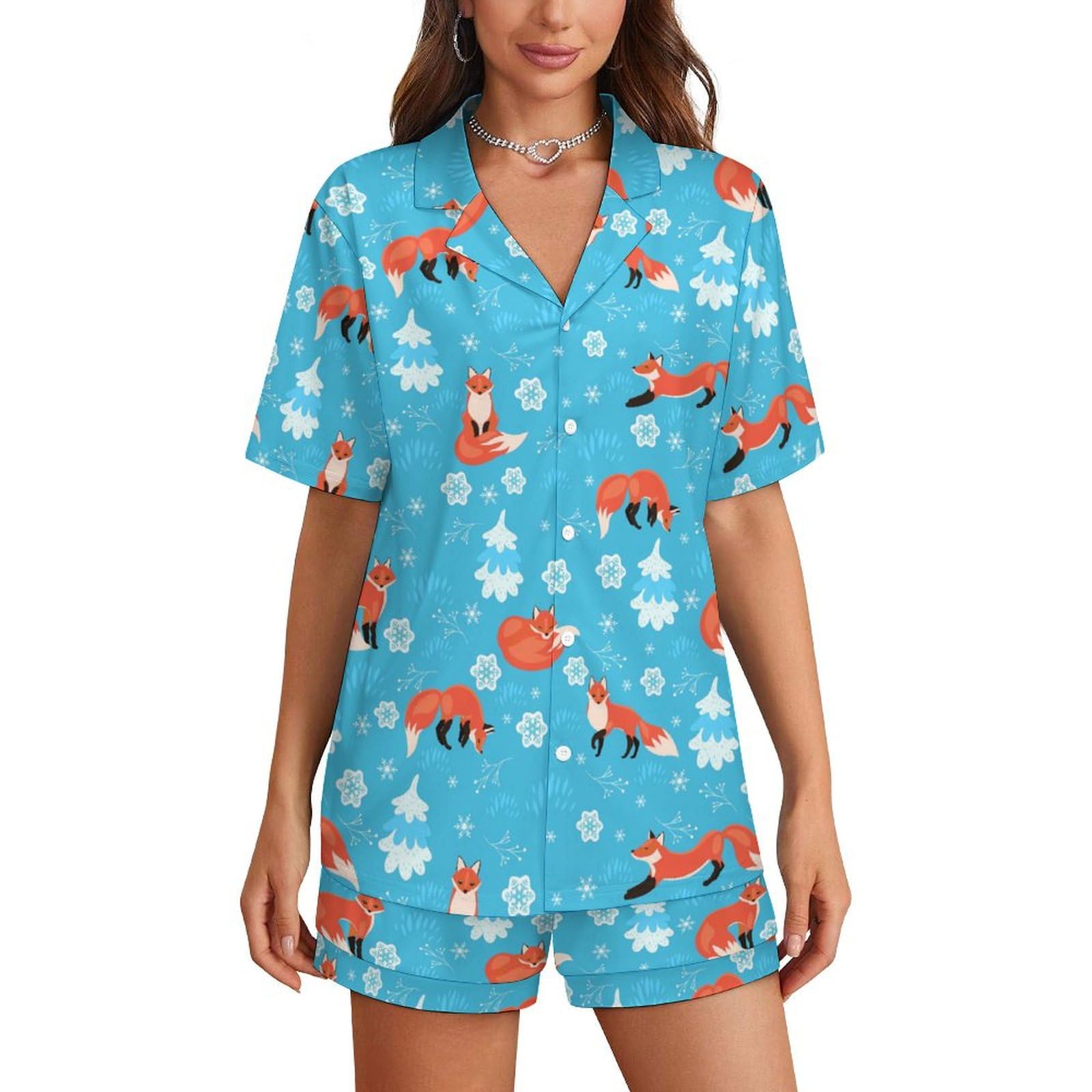 Smazdfxx Women's As Pic Cute Fox Of Animal Pattern Pajamas Sets Short Sleepwear V Neck Loungewear