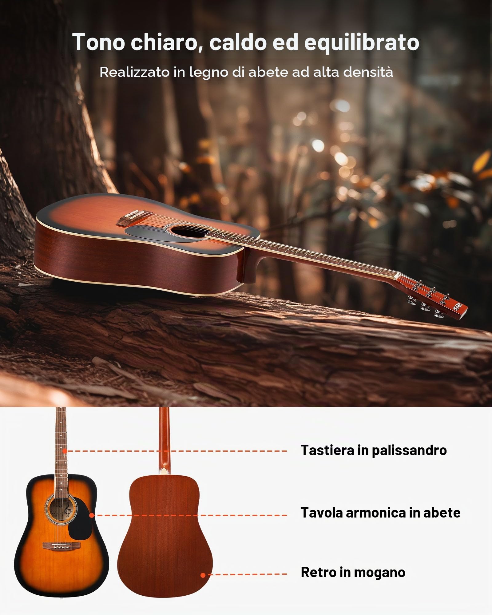 VEVOR Chitarra Acustica Dreadnought da 1041,4 mm Chitarra Acustica a 6 Corde con Tavola Armonica in Abete Massello Sunburst, Custodia Morbida, Accordatore, Tracolla, Corde in Acciaio, Capotasto