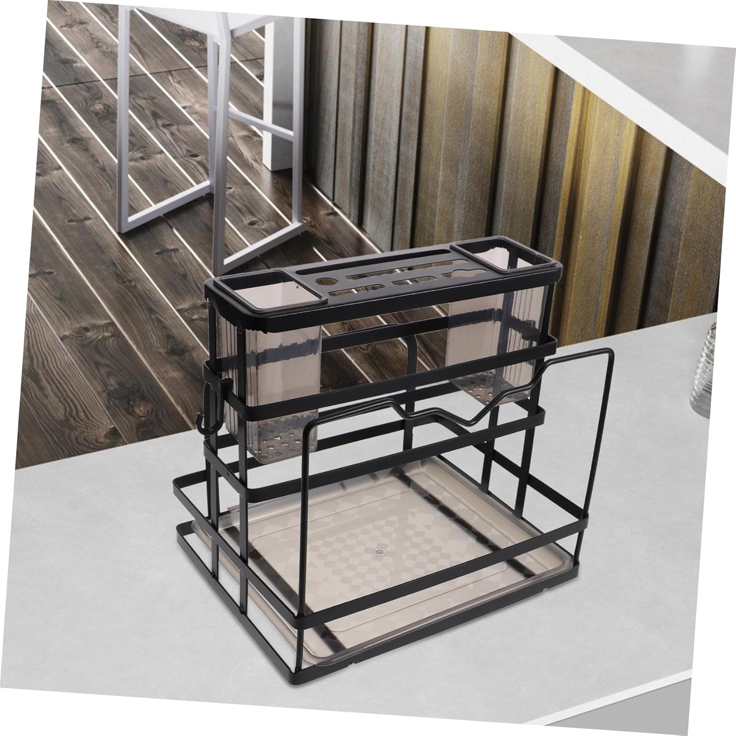 Mikinona Kitchen Storage Rack with Removable Drain Tray Versatile Carbon Steel Utensil Holder for Countertop and Cabinet Includes Knife and Fork Container Black Finish