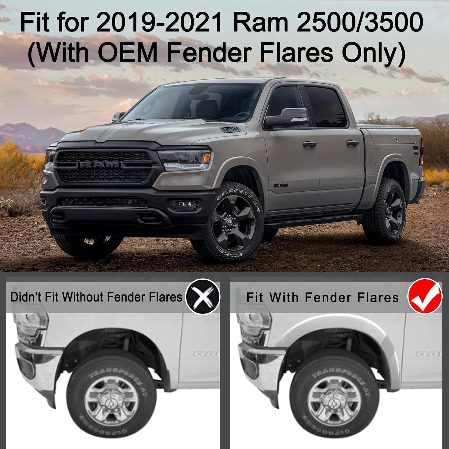 Tecoom Truck Mud Splash Guards Fit for Ram 2500 3500 2019-2023 with OEM Fender Flares, Not for Power Wagon, Black Front and Rear Mud Flaps Set of 4