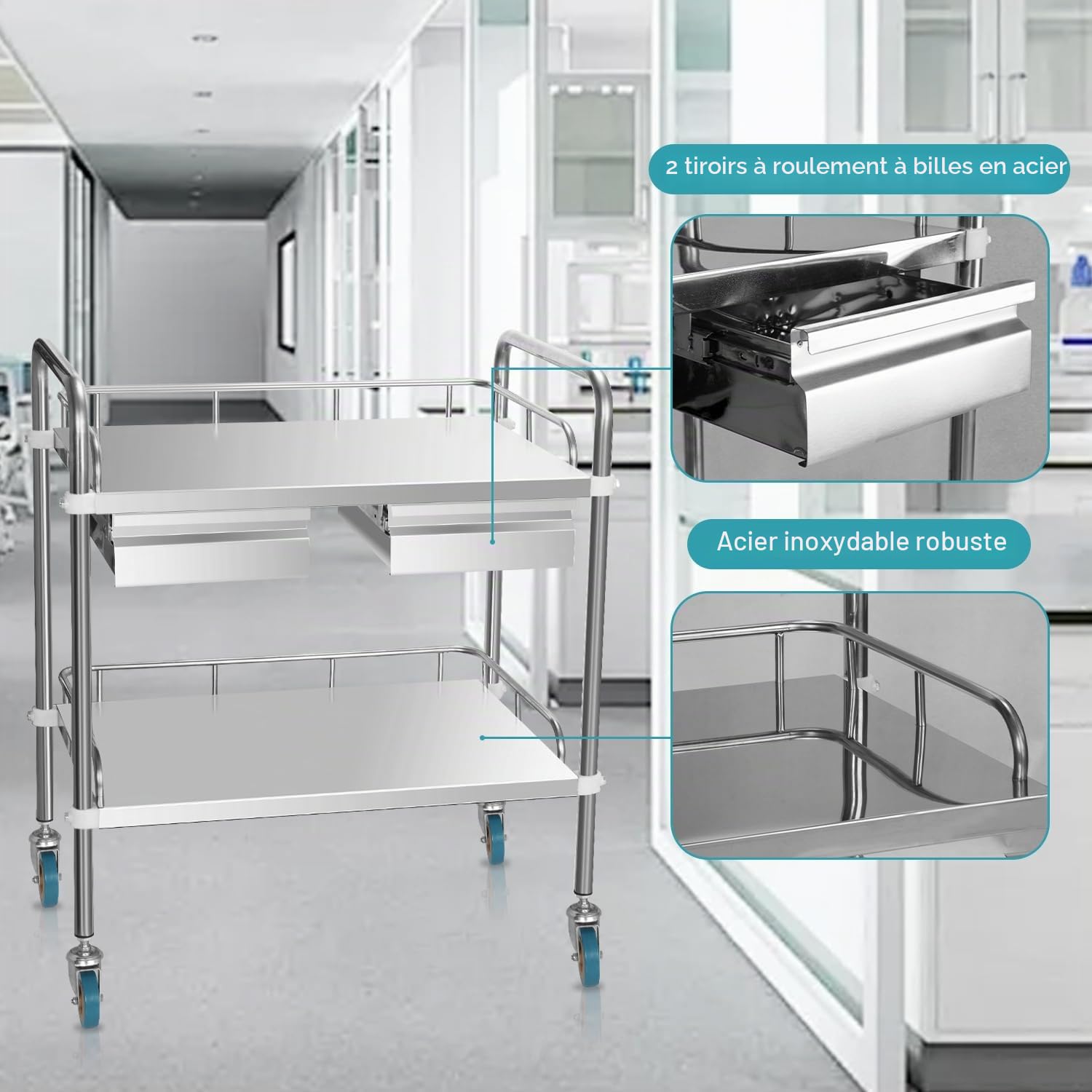 stonylab Chariot Utilitaire de Laboratoire, Chariot à 2 Niveaux en Acier Inoxydable avec Doubles Tiroirs et 2 roulettes Verrouillables