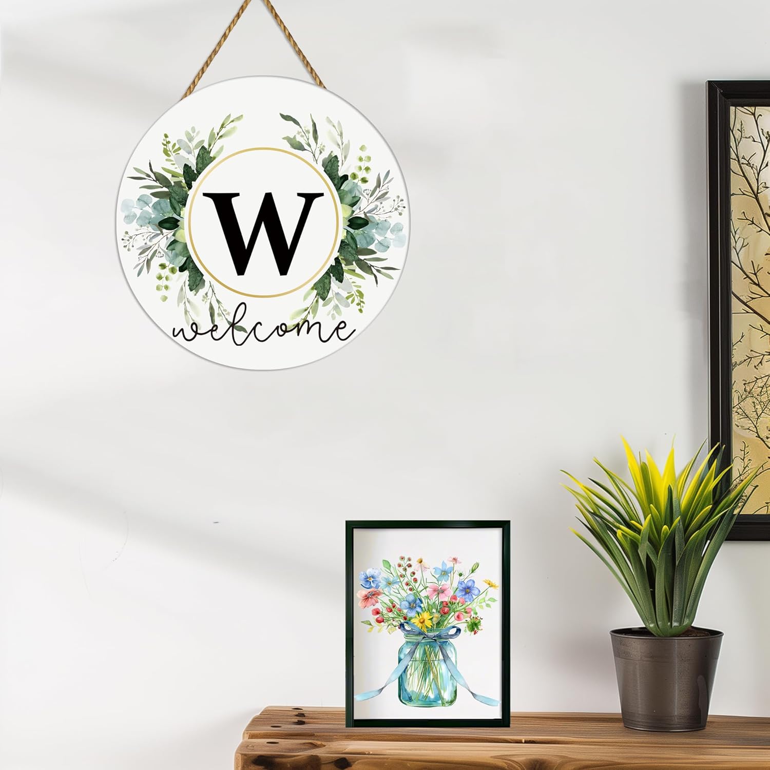 Monogram Letter W Wreaths for Front Door Wreath Wooden Welcome Sign for Front Door Decor Floral Family Last Name Initial House Warming Spring Summer Porch Rustic Wall Home Kitchen Boho Decorations