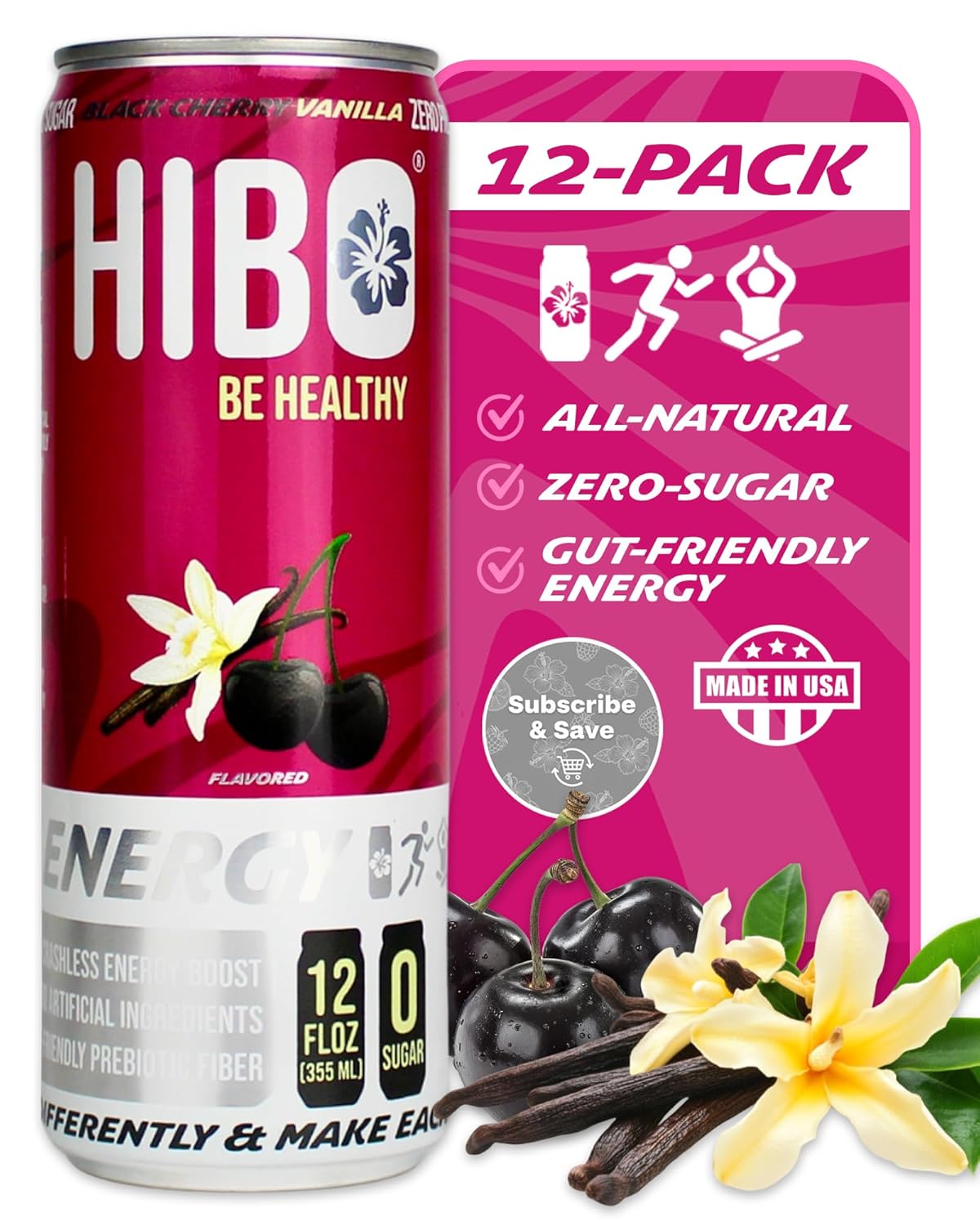 HIBO Healthy Energy Drinks Sugar Free – Gluten-Free & Gut-Friendly Prebiotic Fiber w/140mg Caffeine & 60mg Green Coffee Extract, Electrolytes – For Immunity & Focus - Pack of 12, Black Cherry Vanilla