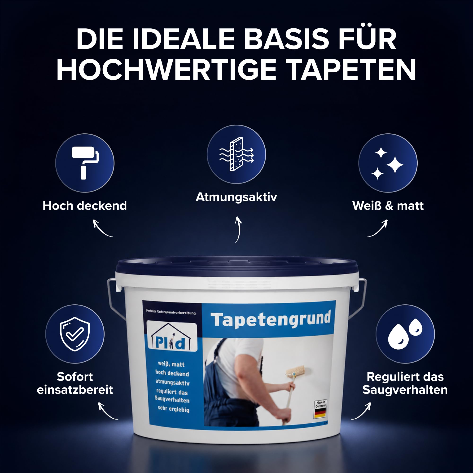 plid® Fondo per Carta da Parati Bianco Opaco [5L] - Preparazione ideale del supporto prima della tappezzeria - Primer adesivo e fissativo per pareti e carta da parati - Made in Germany