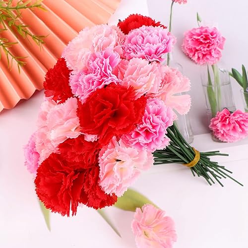 Miniatura 8 de Paquete de 120 claveles artificiales con tallos y hojas, flor eterna, clavel de seda, pompones, mini hortensias, fiesta de cumpleaños para el hogar,