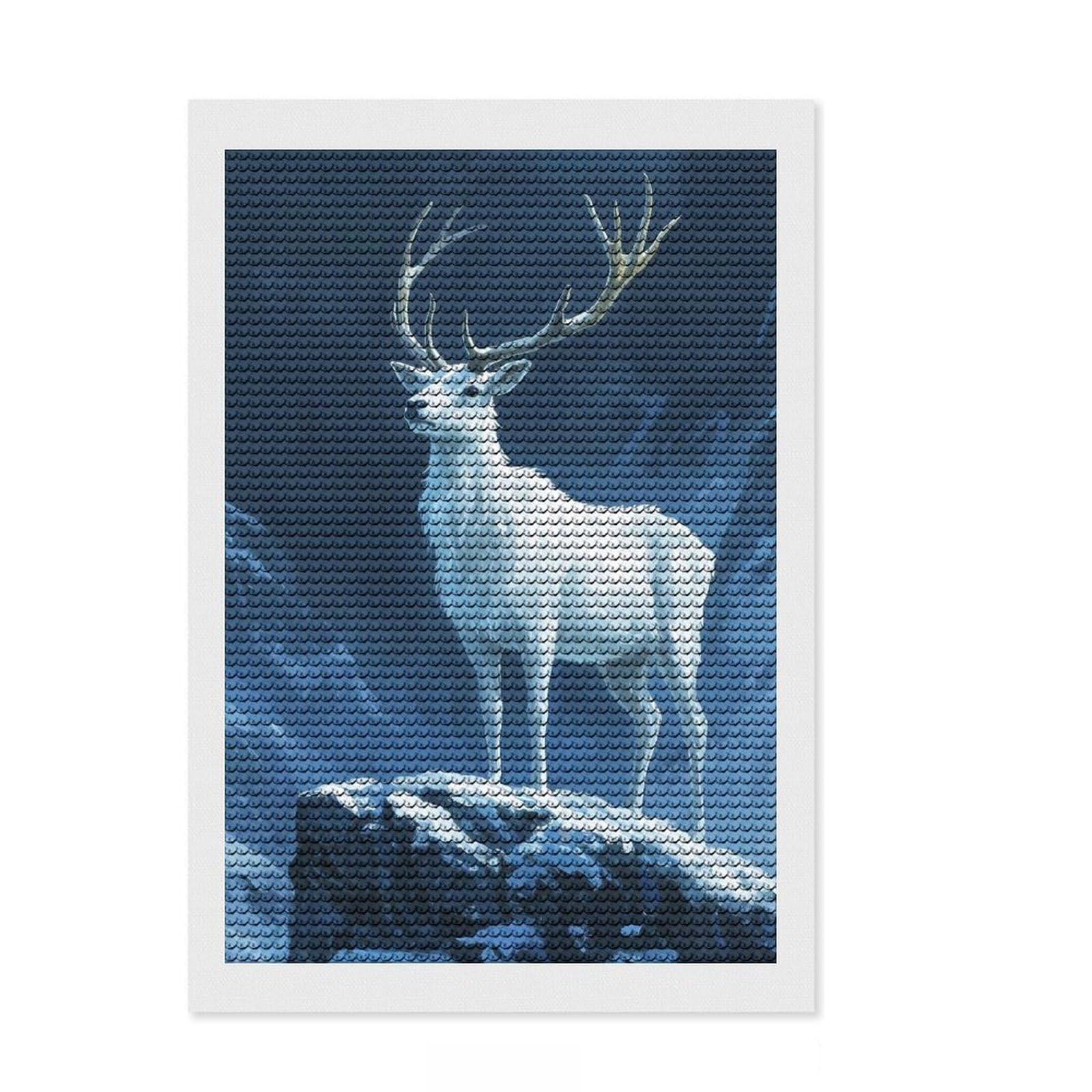 Junmoney White Stag in Snowy Mountains Diamond Painting Kit 8"x12", Complete Accessories, Sparkling Round Gems, Full Kit Included, Modern Decor