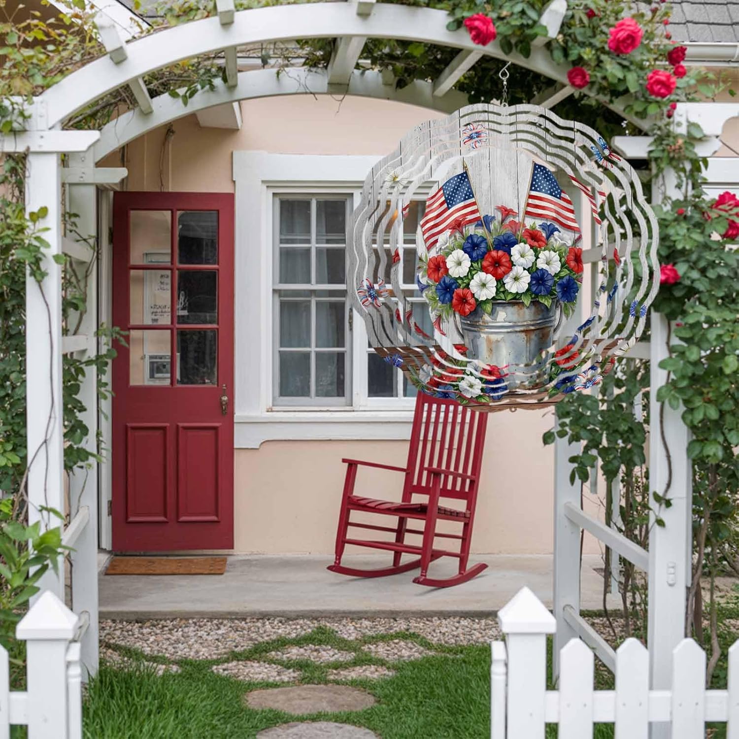 Independence Day 250th Anniversary Wind Spinner for Garden Yard 3D Stainless Steel Hanging Wind Spinners, USA Flag Flowers Spinners Outdoor Metal Decor for Lawn Patio Home