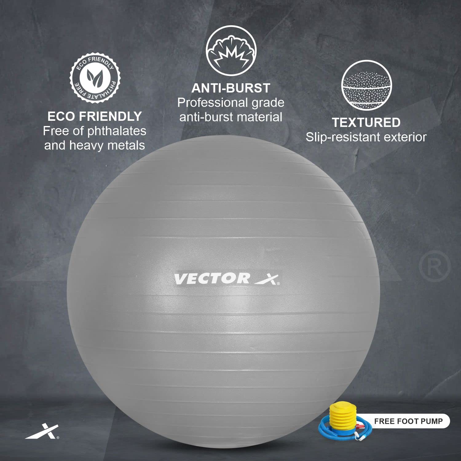 Vector X Gymnastikball für Übungen, Anti-Burst-Gymnastikball mit Fußpumpe für Workout, Yoga-Ball für Damen und Herren, Schweizer Ball für Balance-Stabilitätstraining, Geburtsball für Schwangerschaft