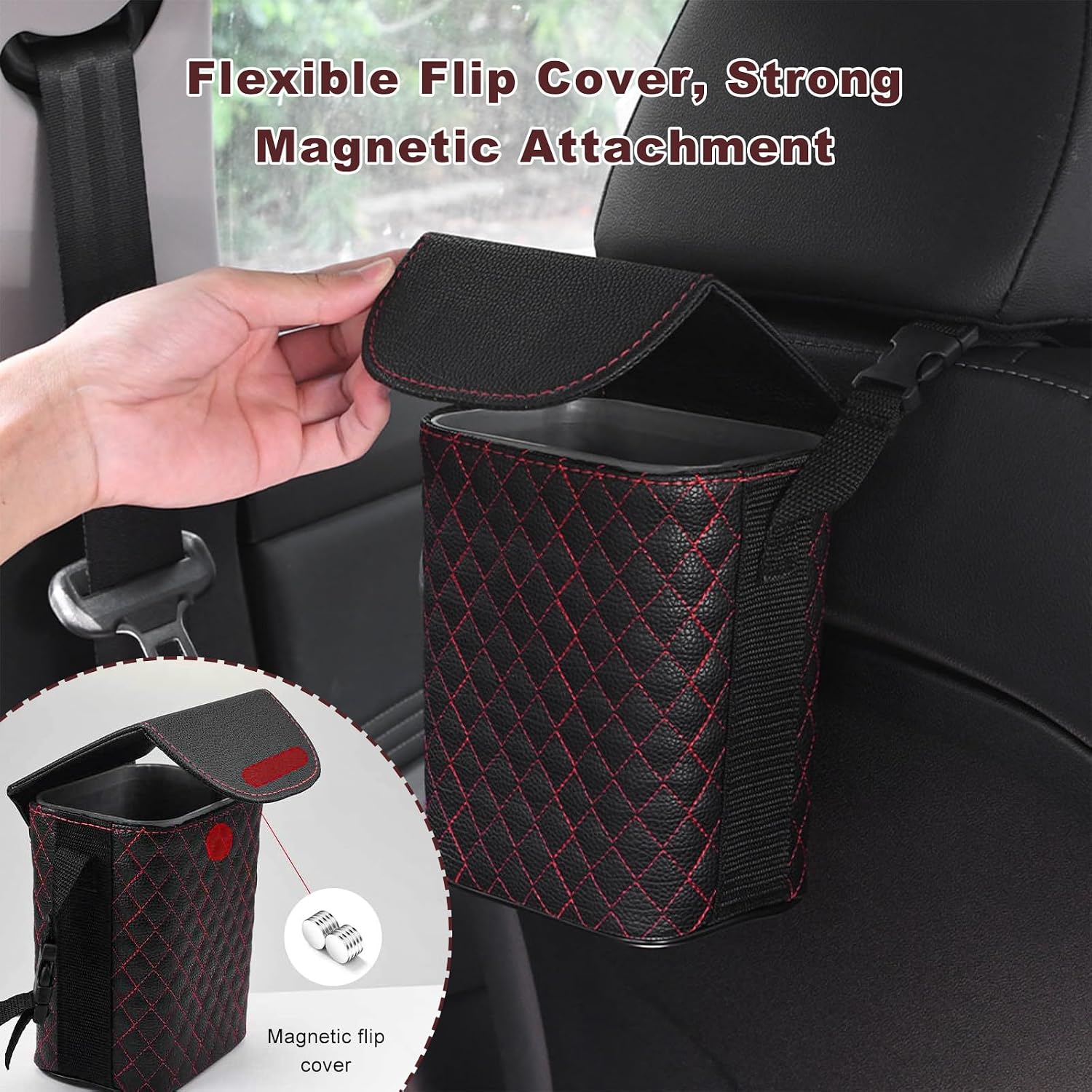 Car Trash Can with Lid, Magnetic Automotive Garbage Bin with Waterproof Liner, Leakproof Leather Hanging Trash Storage Container for SUV Sedan Truck, Car Accessories (Coffee)