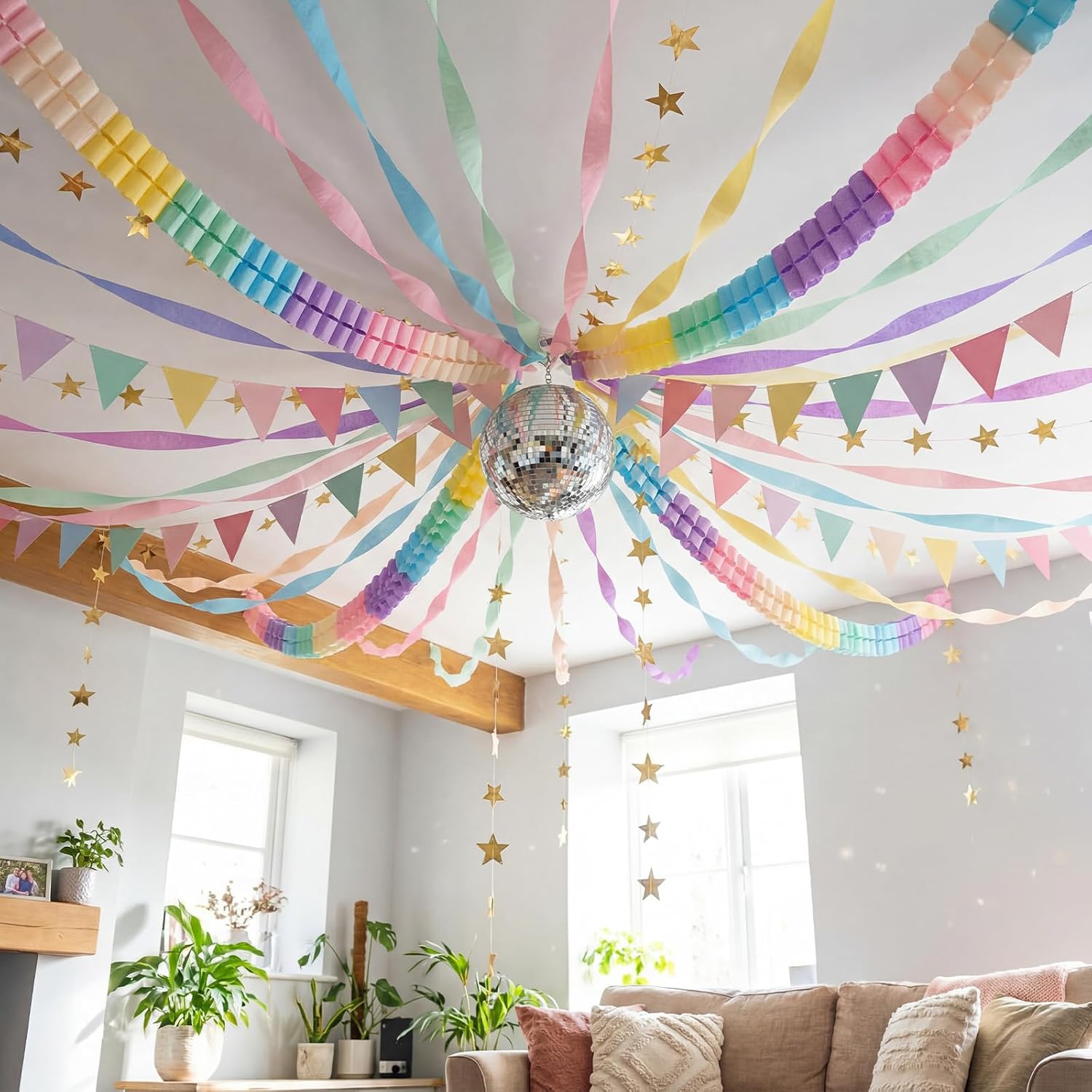 Frienda 18 Pcs Rainbow Party Decoration Set Colorful Crepe Paper Streamer Garland Pennant Banner Flag Golden Star Garland Backdrop for Wedding Birthday Fancy Party Decor(Rainbow Color)