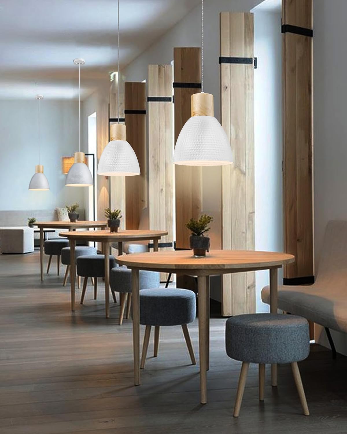 ELYONA Modern Solid Wood Hanging Lamp with Matte White Metal Shade/Gold Inner Finish & Hammered Metal & Rubber Wood Island Hanging Lamp for Dining Room, Bedroom, Living Room, Hallway