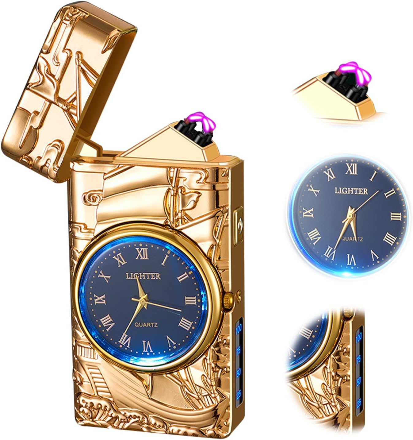 Electronic Lighter Electric lighters Rechargeable Flameless Windproof Plasma Lighter with Battery Indicator Cool lighters for Candle Candles, Fireworks, Camping, Hiking, Adventure(Gold) Electronic Lighter Electric lighters Rechargeable Flameless Windproof Plasma Lighter with Battery Indicator Cool lighters for Candle Candles, Fireworks, Camping, Hiking, Adventure(Gold)