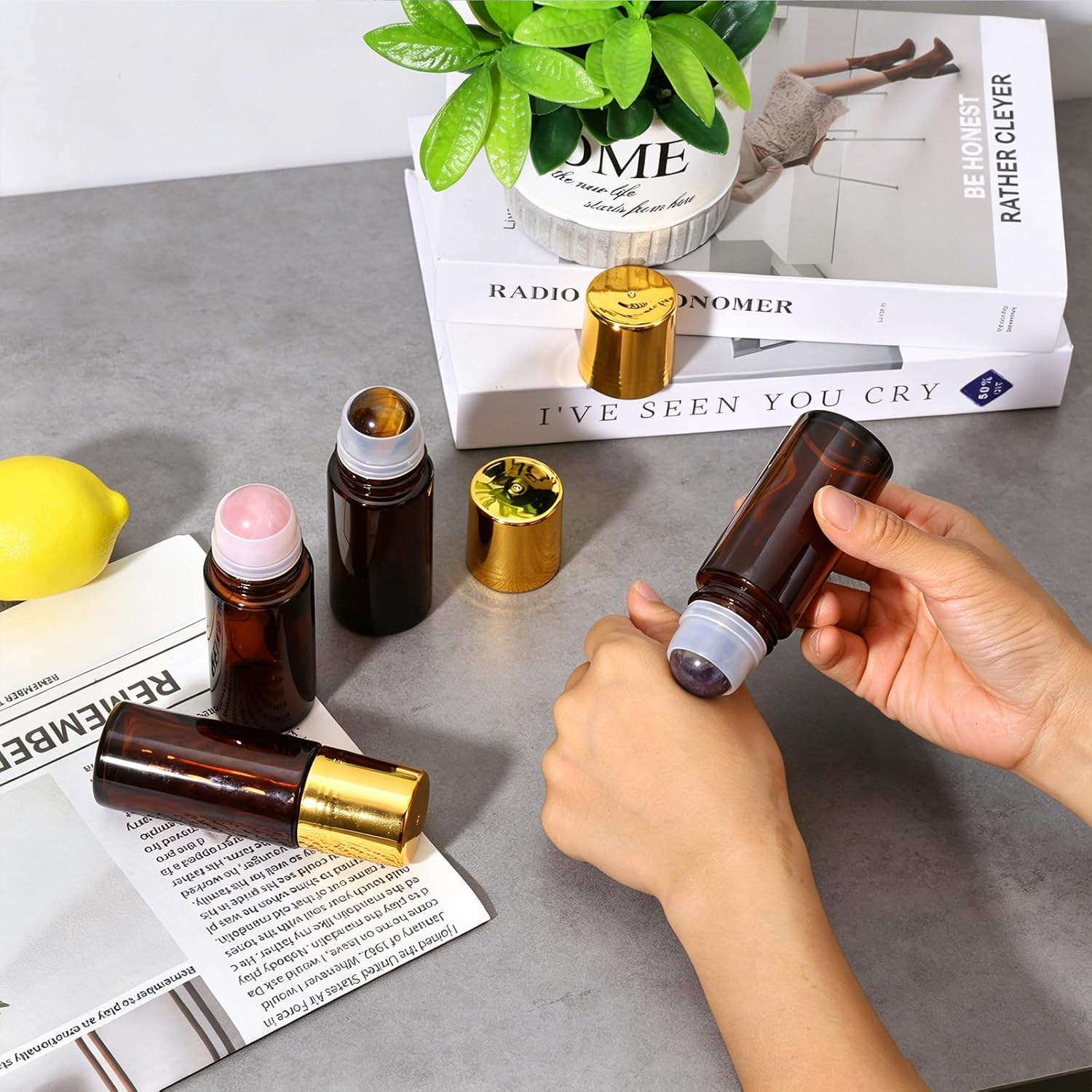 4Pcs Rose Quartz&Amethyst&Aventurine&Yellow Tiger's Eye Roller Bottles for Essential Oils 1.7oz Refillable Amber Glass Roll on Bottles Leak-Proof Perfume Bottle with Natural Crystal Roller&Gold Caps