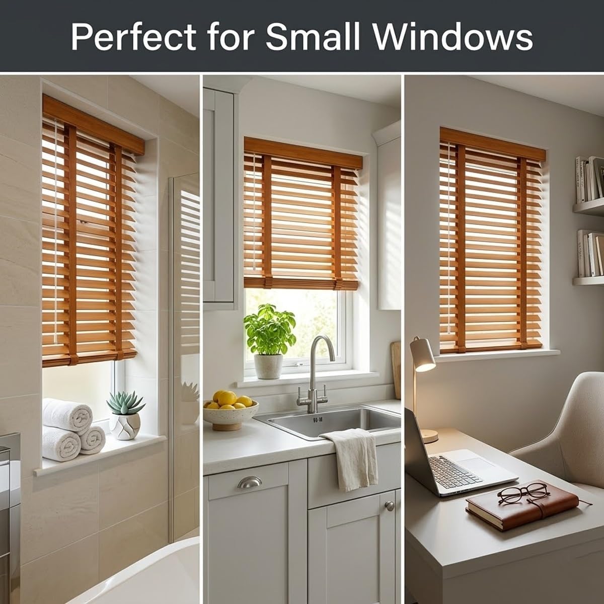 2" Real Wood Blinds Cordless 35x36in 35x48in 35x 60in, Horizontal Window Blinds for Kitchen Bathroom, Privacy Room Darkening Wooden Window Shades(Brown,35" W x 60" H)