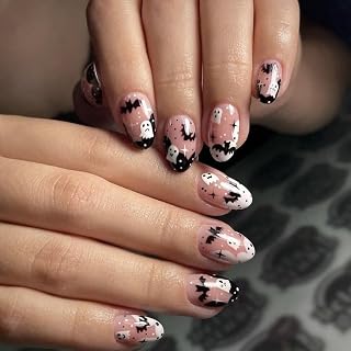 Halloween Press on Nails Short Oval Fake Nails French Tip False Nails with Ghost Designs Black&White Glossy Glue on Nail Cute Acrylic Nails for Women Girls 24Pcs