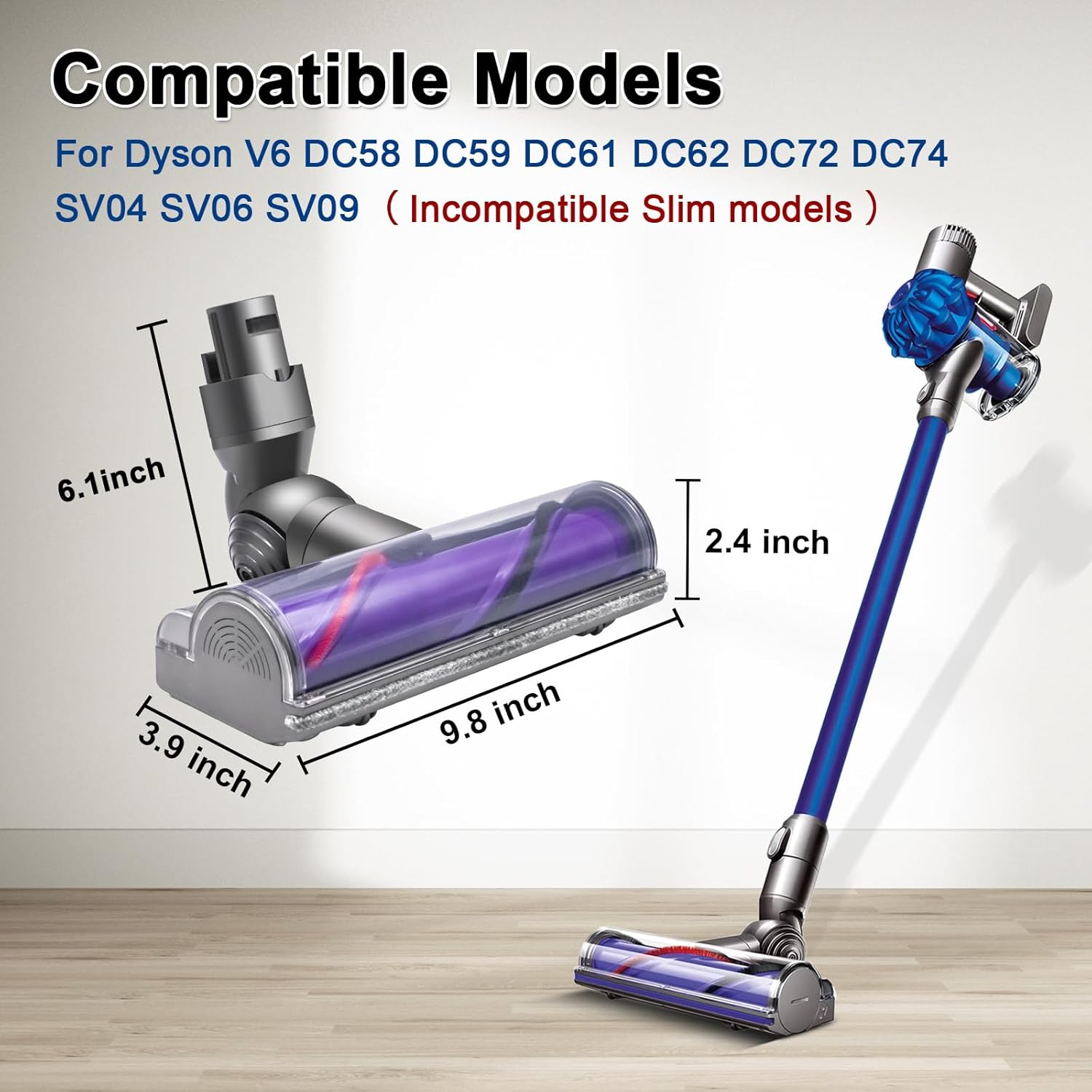 Direct Drive Brush Head Attachment for Dyson V6 DC58 DC59 DC62 DC72 DC74 SV04 SV06 SV09 - Quick Release Motorized Cleaner Head Replacement Compatible with Hardwood Floors, Carpets, and Tiles