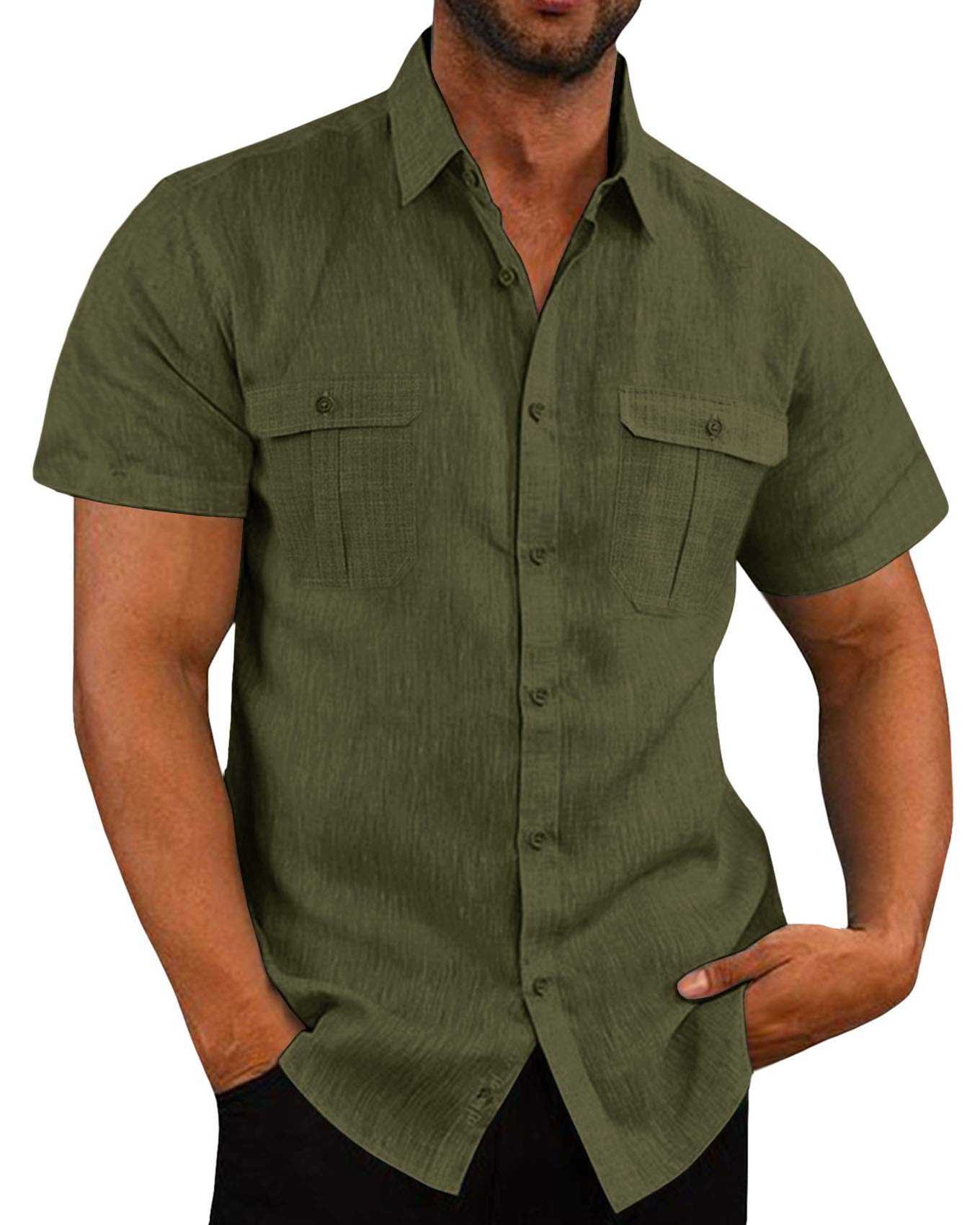 Leinenhemd Herren Kurzarm Sommerhemd Männer Freizeithemd Business Shirt Strandhemd mit Taschen