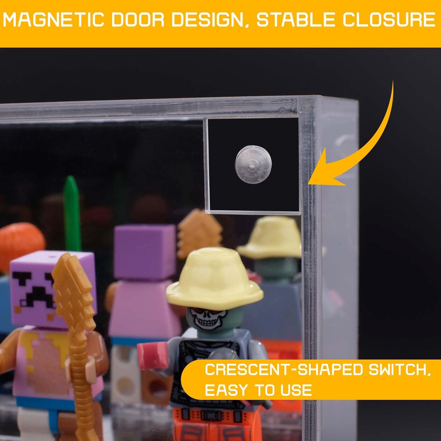 Acrylic Minifigure Display Case, Clear Display Cases for Collectibles with Mirrored, Figure Building Blocks Shadow Box, Small Anime Figure Thimble Showcase Holds 40 Minifigs (Figure not Included)