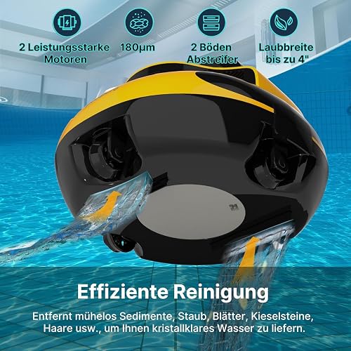 POOLPURE Robot de Piscine 2026 - Temps de Nettoyage de 100 Minutes - Double Moteur - Voyants LED - Fonction de stationnement Automatique - Étanchéité IPX8 - Aspirateur de Piscine sans Fil - Jaune - 2