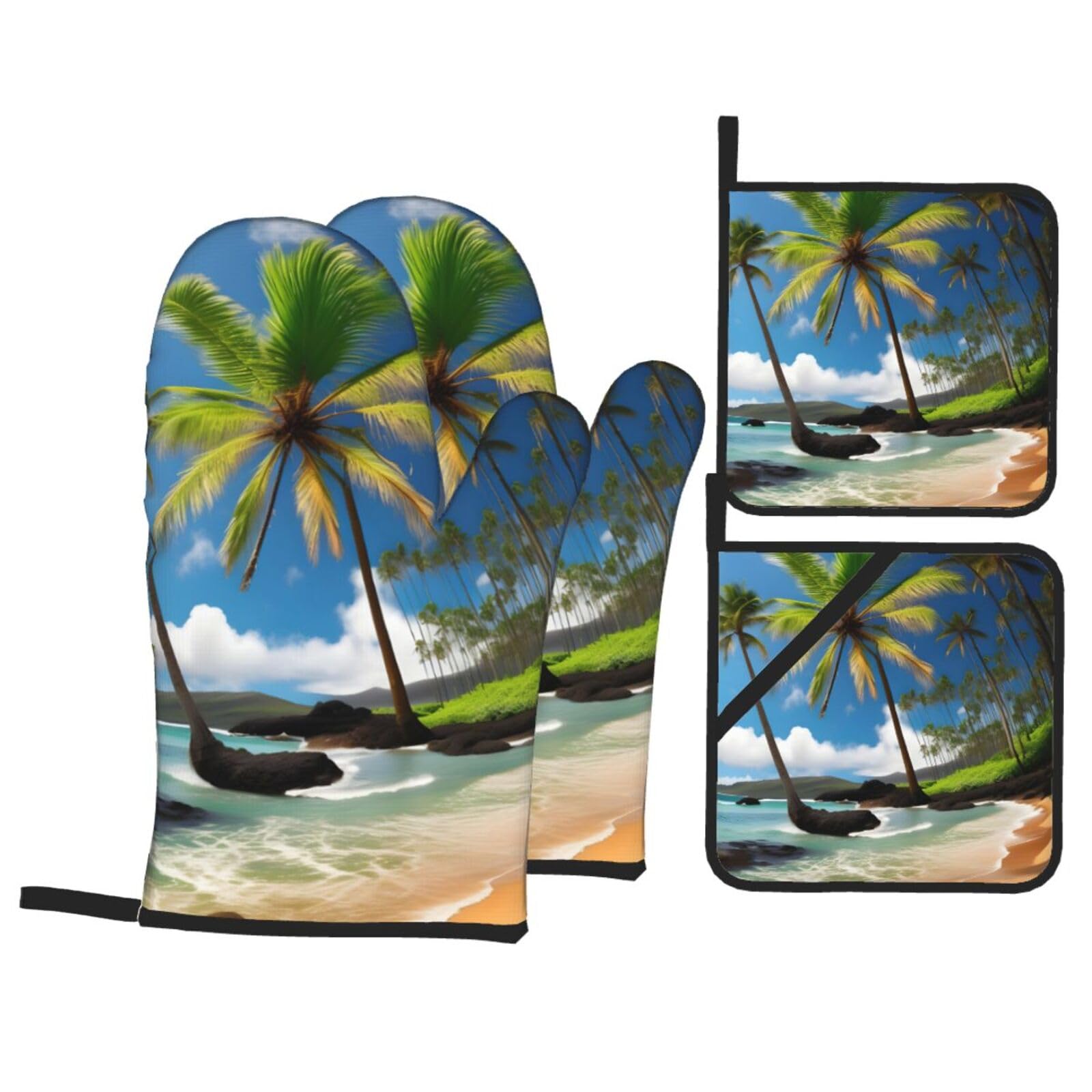 Nimongt Black Tropical Palm Tree Hawaii Beach Print Heat-Resistant 4-Piece Oven Kitchen Gloves For Baking Cooking Microwaving Essentials